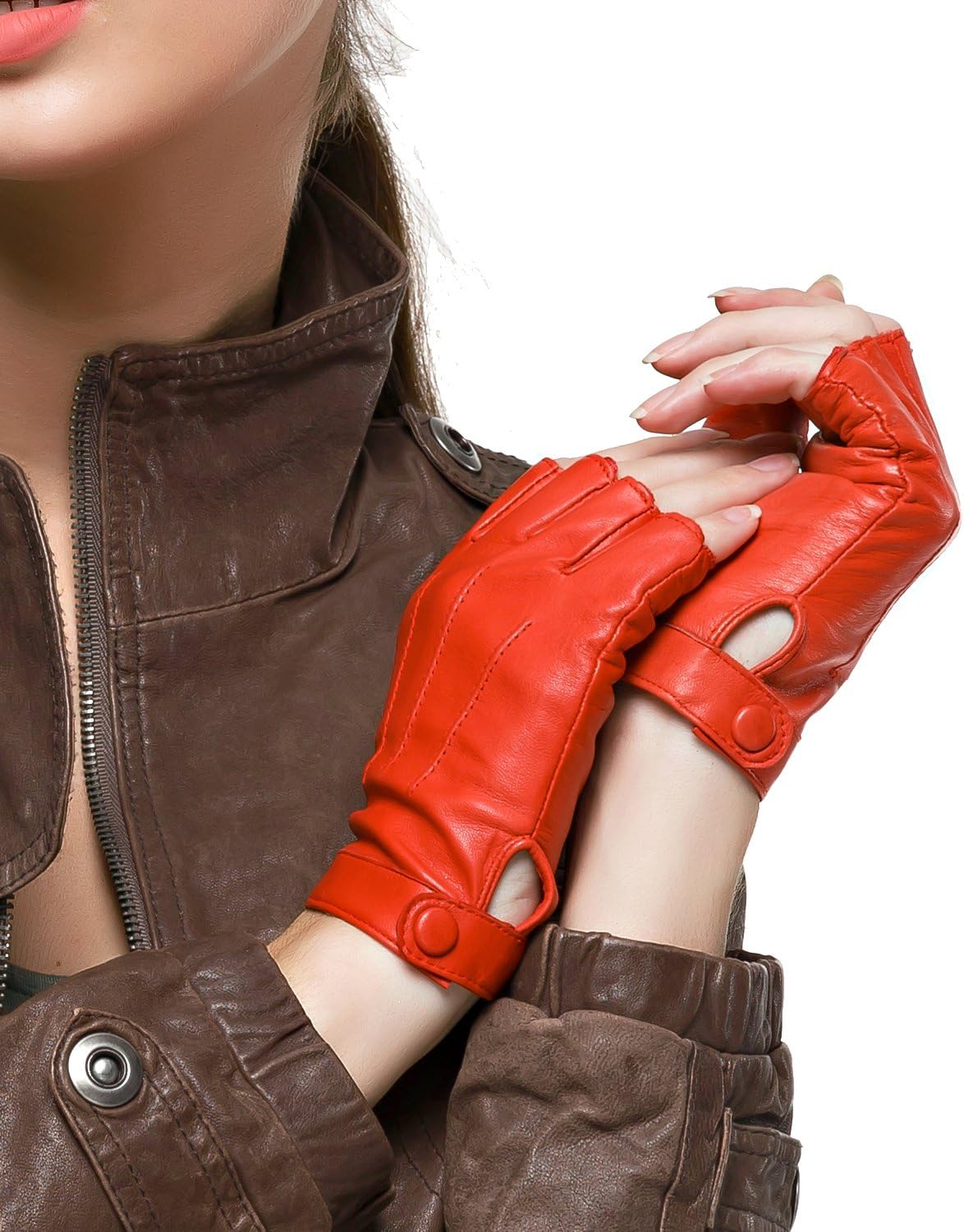 Women Driving Nappa Leather Gloves Half Finger Fingerless Lined Gloves