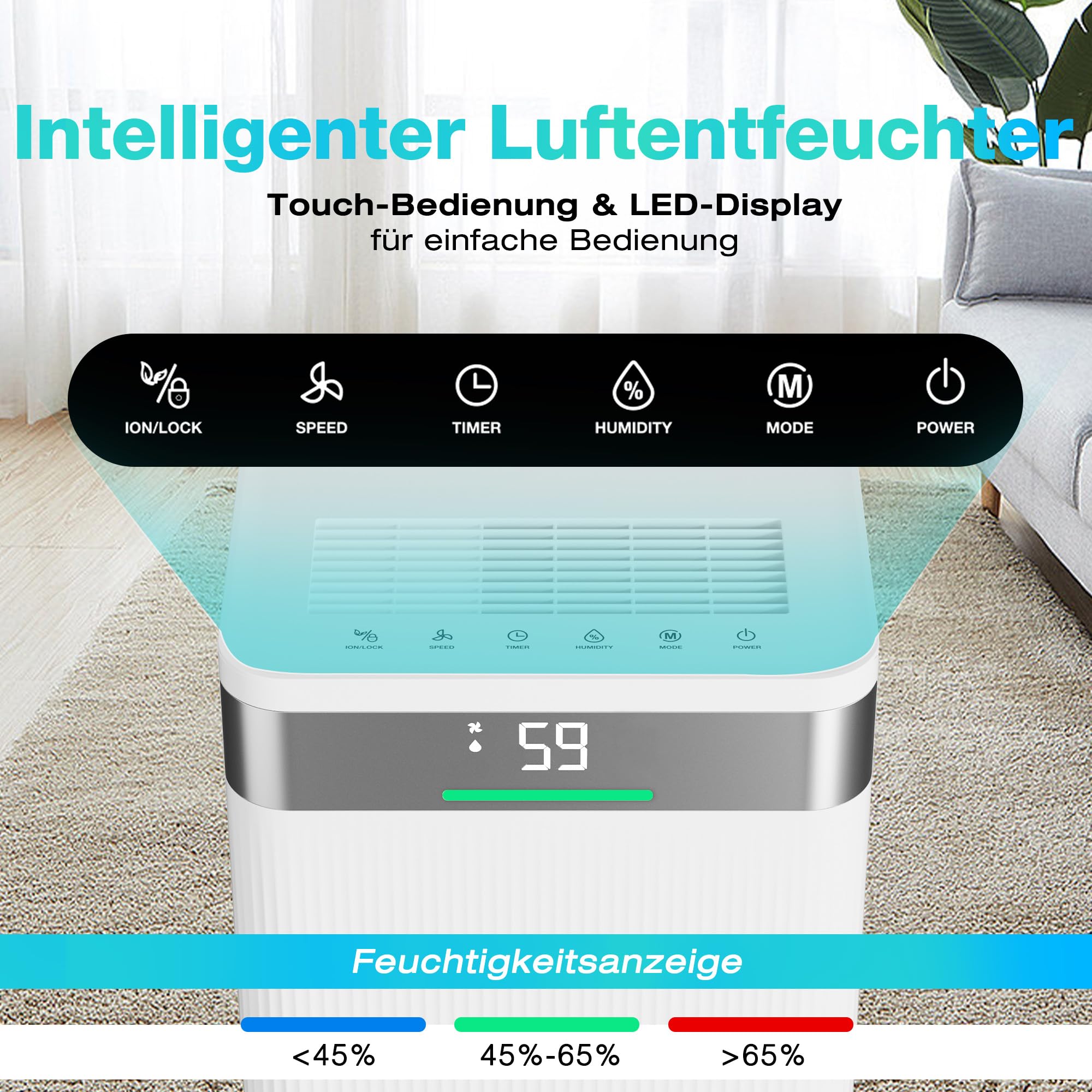 HAUSHOF Luftentfeuchter Elektrisch 20L/Tag, 41dB Leiser Entfeuchter Elektrisch mit Negativ-Ionen für 30m² Raum mit 4,5 L Tank und LED Anzeige, 3 Modi Tragbarer Raumentfeuchter für Schlafzimmer, Keller
