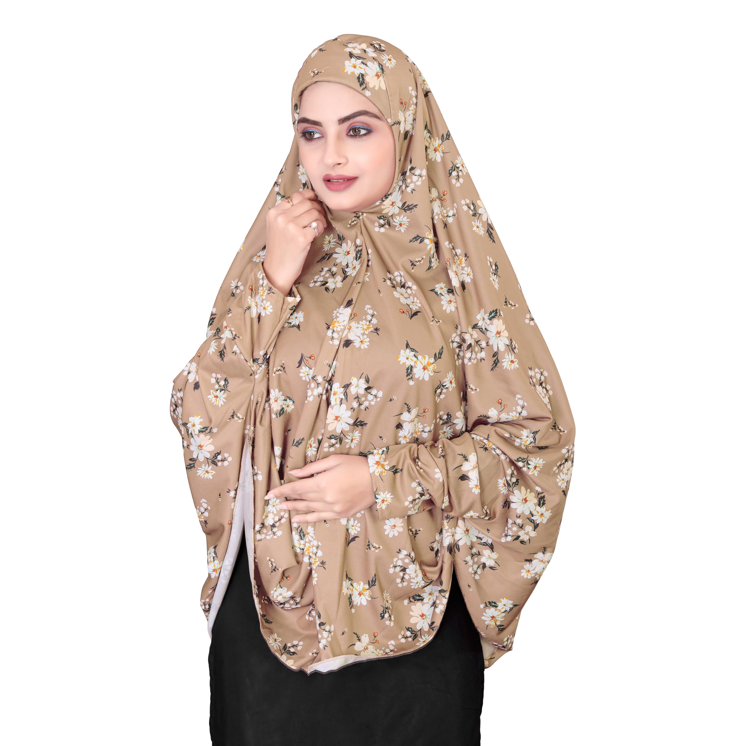 Women's Floral Print Hijab, Black with Beige Flowers, Full Coverage Islamic Headscarf