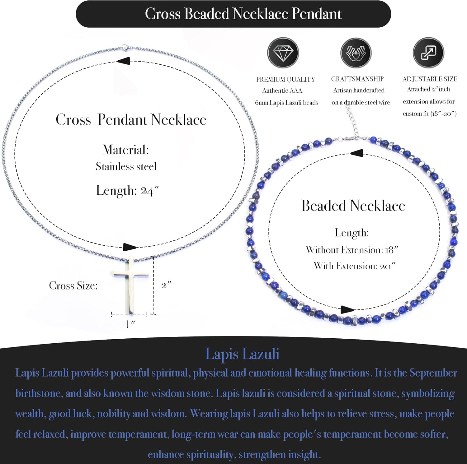 2PS Cross Necklace for Men - Black Obsidian Necklace - 6mm Healing Crystals Beaded Choker Necklace Stainless Steel Cross Pendant Jewelry Gifts for Men - Image 3