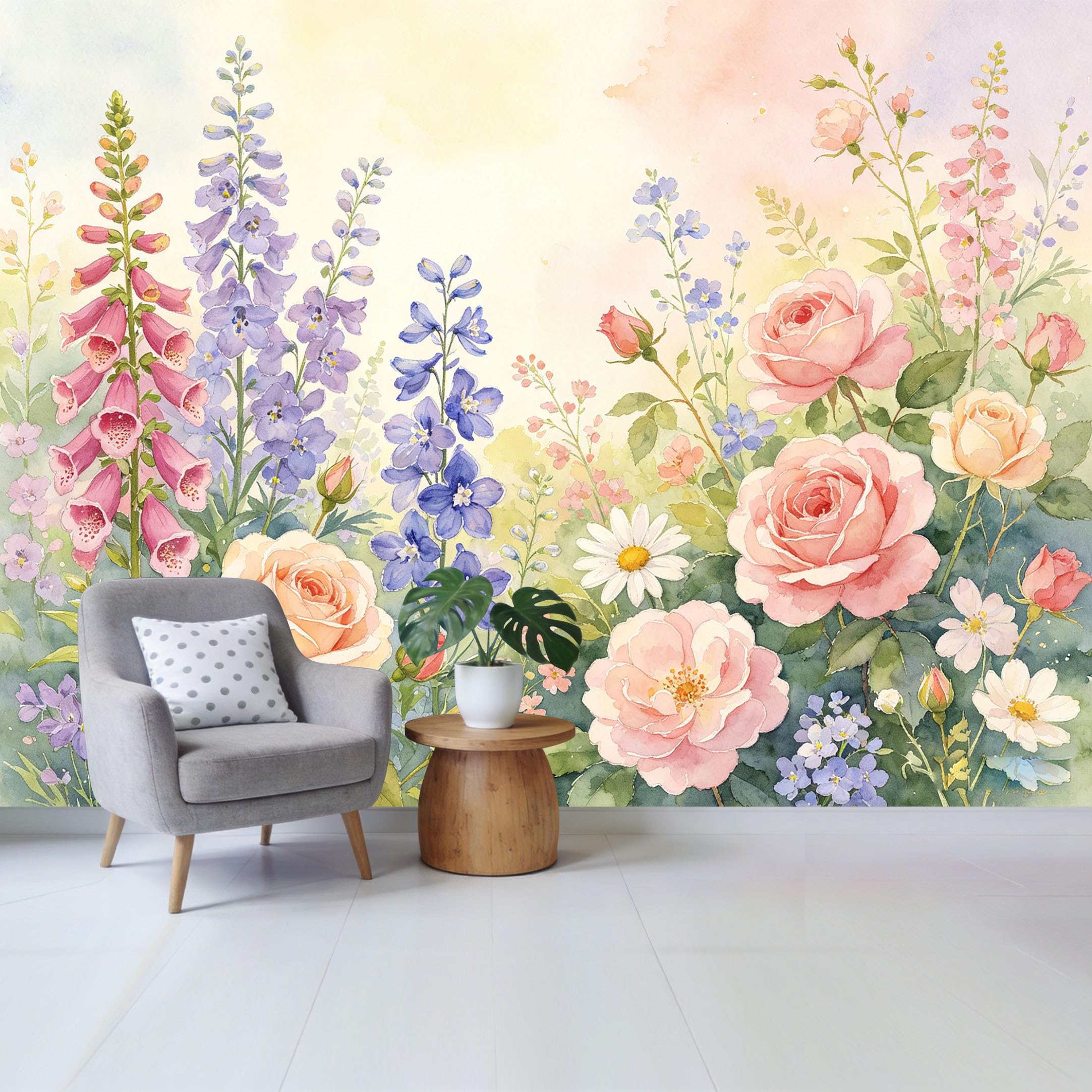 Qzlithotic Yq2605250087 Custom Size Wall Mural Botanical Garden Pink Roses Blue Delphinium Watercolor Art Style Selfadhesive Wall Fabric Removable Wallpaper For Home Office Decor
