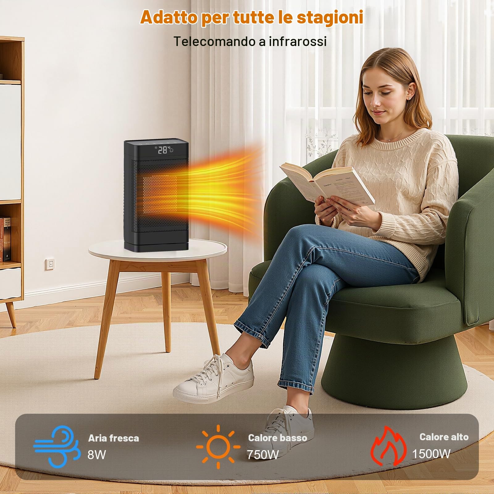 Stufetta Elettrica Basso Consumo 2000W, 3 Modalità, Modalità ECO Stufa Elettrica Basso Consumo 70° Oscillazione, Timer 12H, Telecomando, Protezione da Ribaltamento per Uso Interno