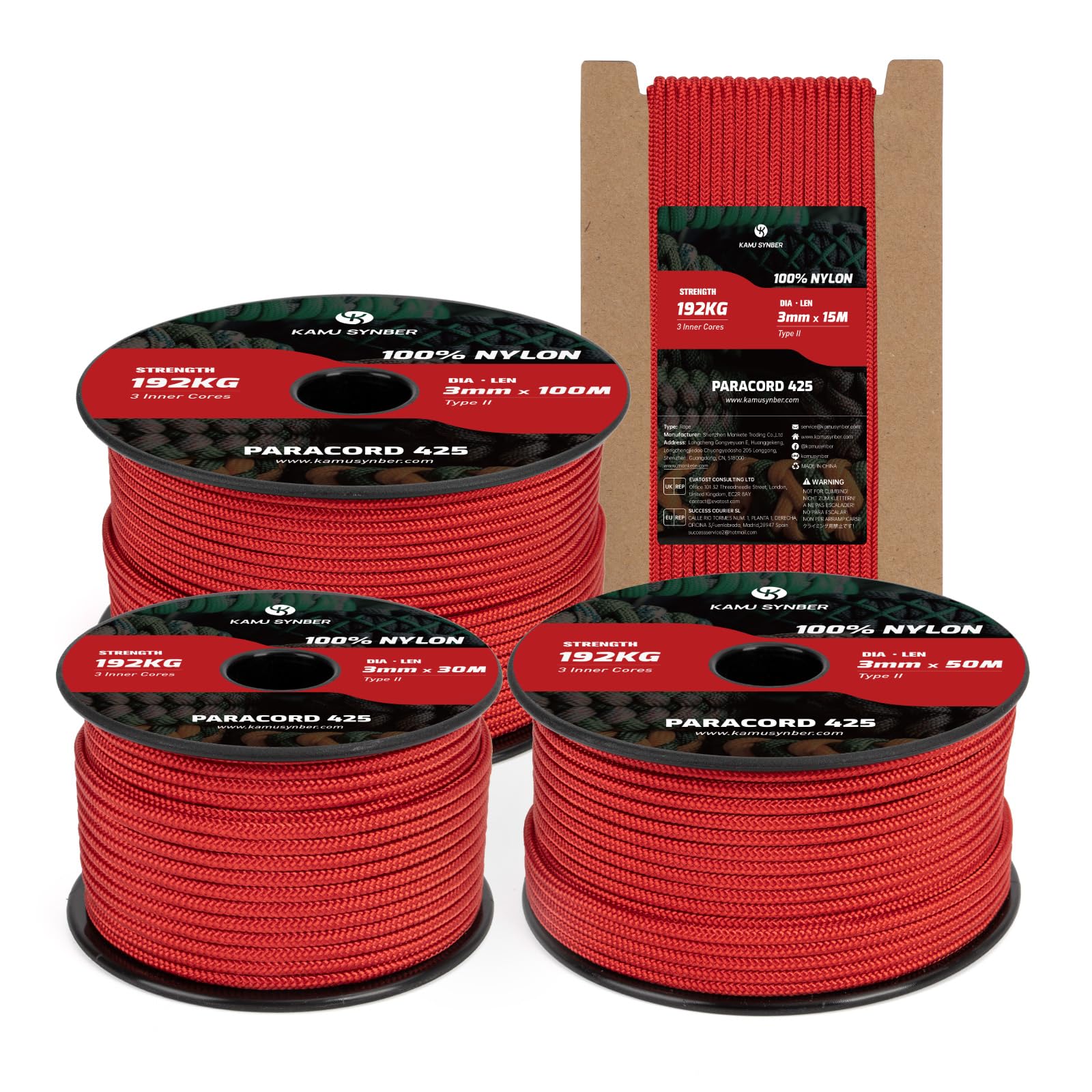 Kamu Synber 425 Paracord 3mm x 100m 100% Nylon Rope 3 Strands Parachute Cord Type II for Outdoor, Crafting, DIY | Support 192kg | Red