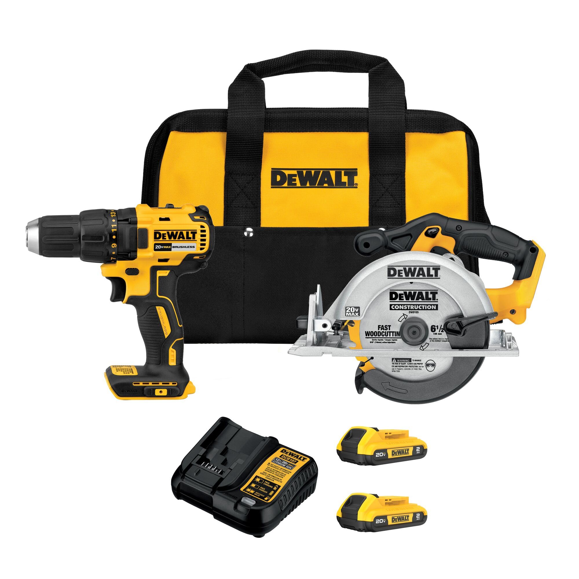 DEWALT 20V MAX drill and circular saw with batteries and contractor bag