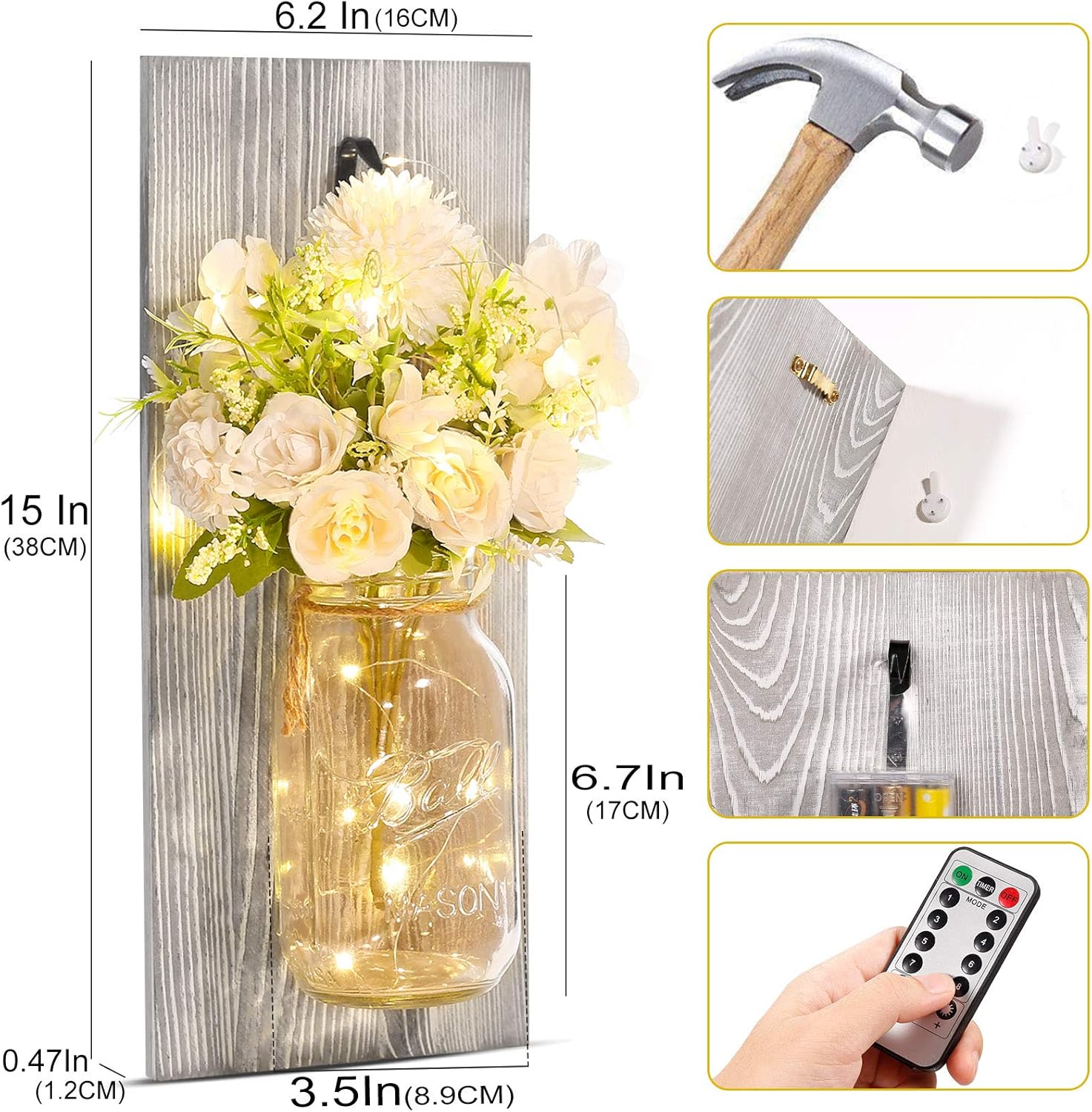 Wall Decor Mason Jar Sconces - Home Decor Wall Art Hanging Design with Remote Control LED Fairy Lights and Yellow Rose, Farmhouse Wall Decorations for Bedroom Living Room Lights Set of Two : Home & Kitchen
