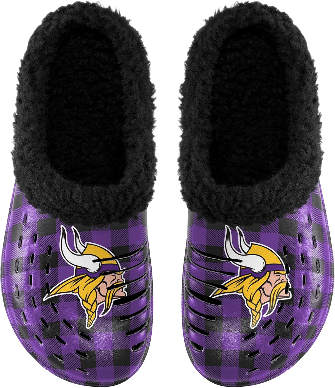 FOCO NFL Mens NFL Team Logo Sherpa Lined Buffalo Check Shoes Slipper Clogs