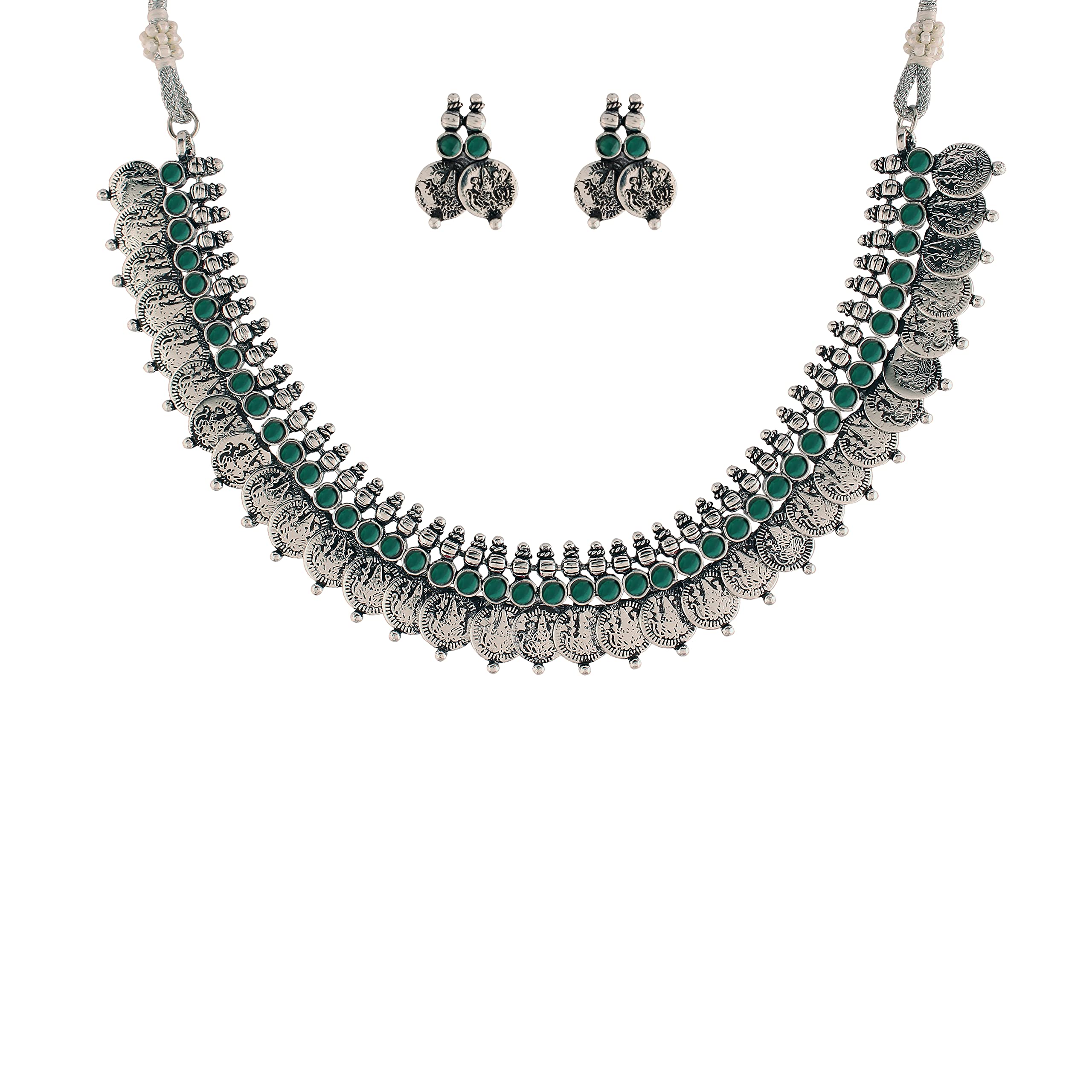 18K Silver Oxidised Traditional South Indian Style Coin Necklace With Earrings For Women & Girls (MC063Z)