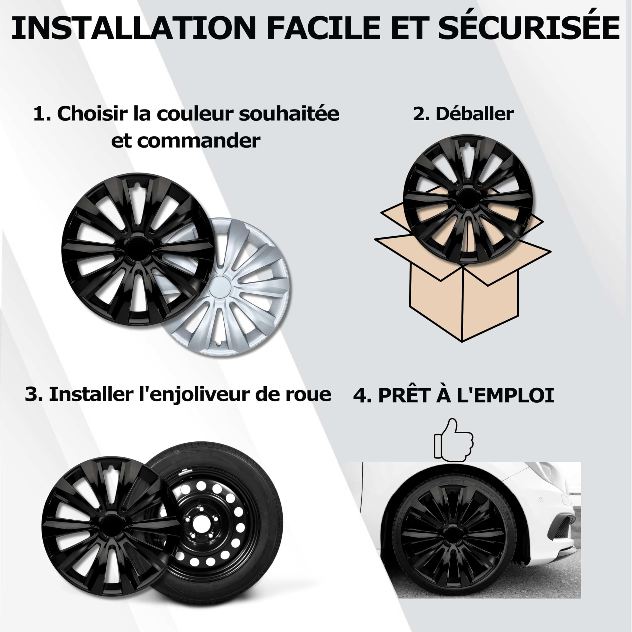Enjoliveurs 16 Pouces Noir Brillant Lot de 4 – Design 10 Branches Universels, ABS Robuste, Look Sport Glossy, Plastique 100% Recyclé, Protection Jante/Valve – DeltaNos