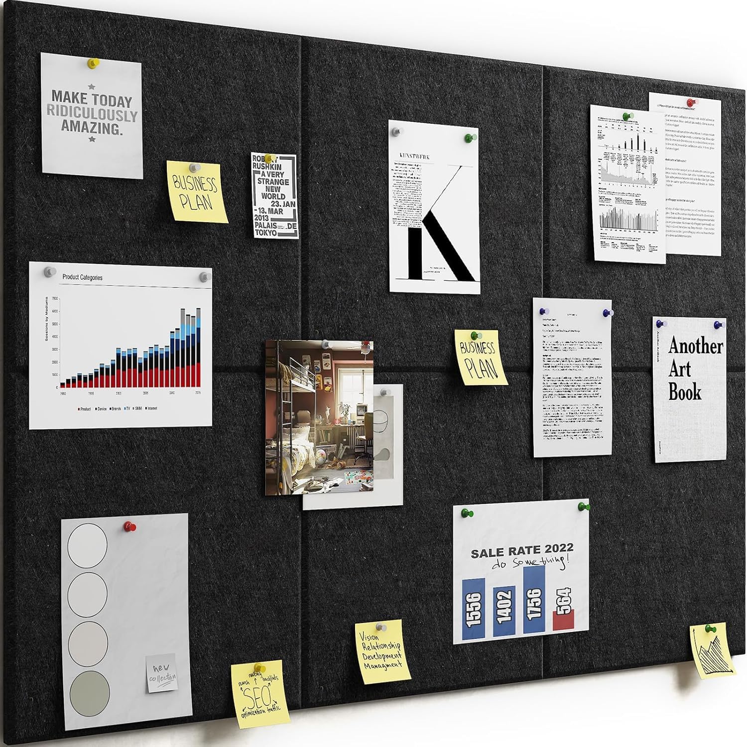 6Pcs Black Felt Bulletin Board, 30x30cm Self-Adhesive Wall Boards with 50pcs Drawing Pins, Felt Message Board for Paste Notes, Photos, Schedules (Black)-image-18