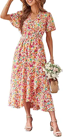 PRETTYGARDEN Women's Summer Floral Boho Maxi Dress Wrap Short Sleeve V Neck Ruffle A-Line Flowy Wedding Guest Long Dresses