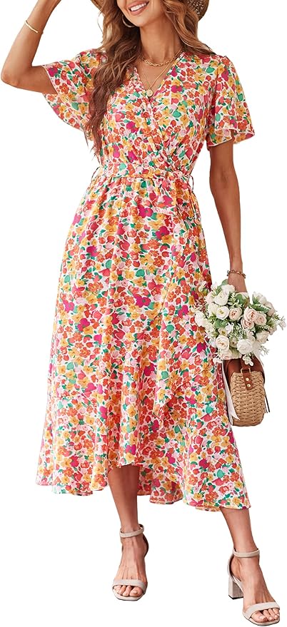 PRETTYGARDEN Women's Summer Floral Boho Maxi Dress Wrap Short Sleeve V Neck Ruffle A-Line Flowy Wedding Guest Long Dresses
