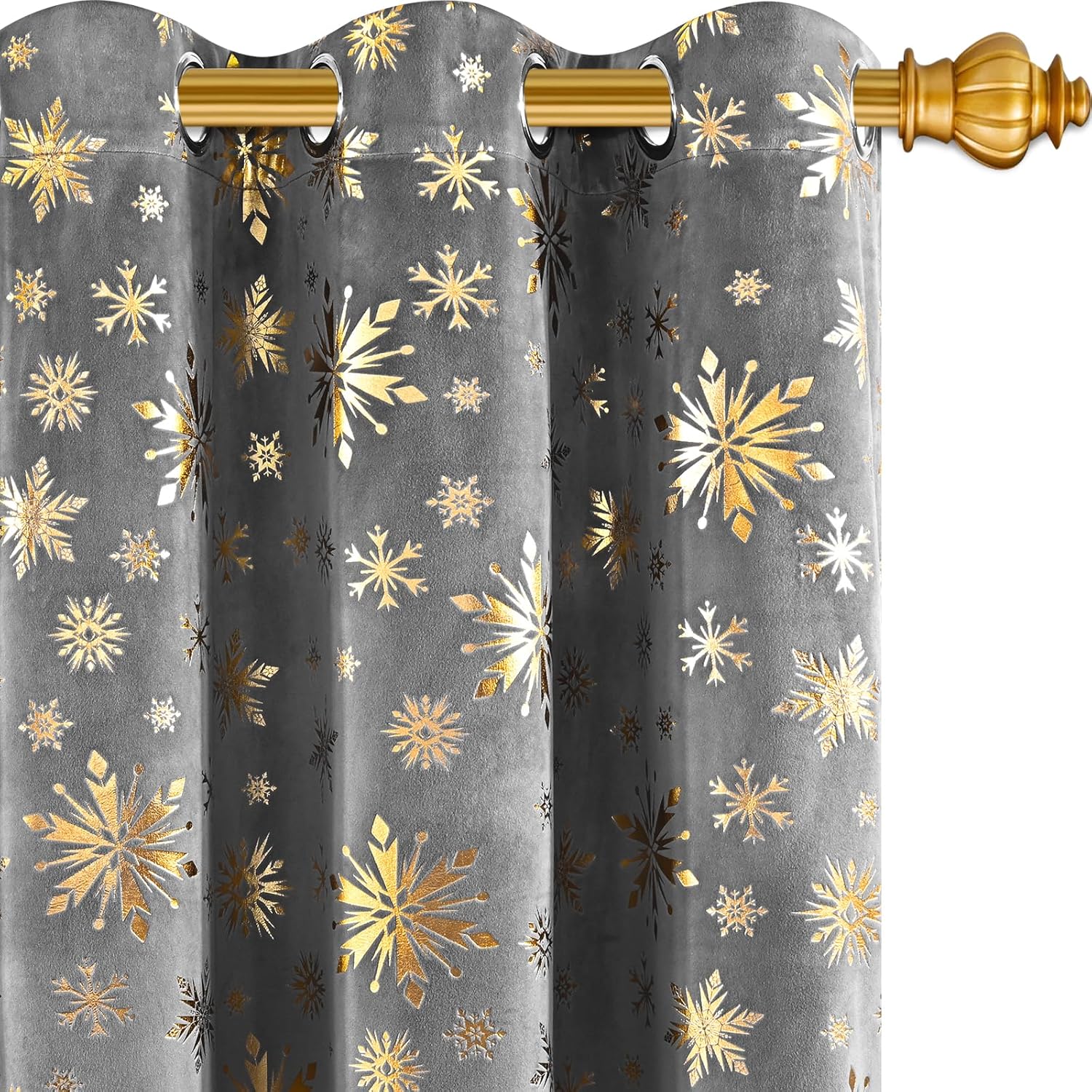 ASPMIZ Christmas Curtains for Living Room, Gold Snowflake Foil Print Curtain, Velvet Blackout Curains for Bedroom, Christmas Drapes 84 Inch Length 2 Panels Set, Thermal Insulated Grommet Curtain, Grey