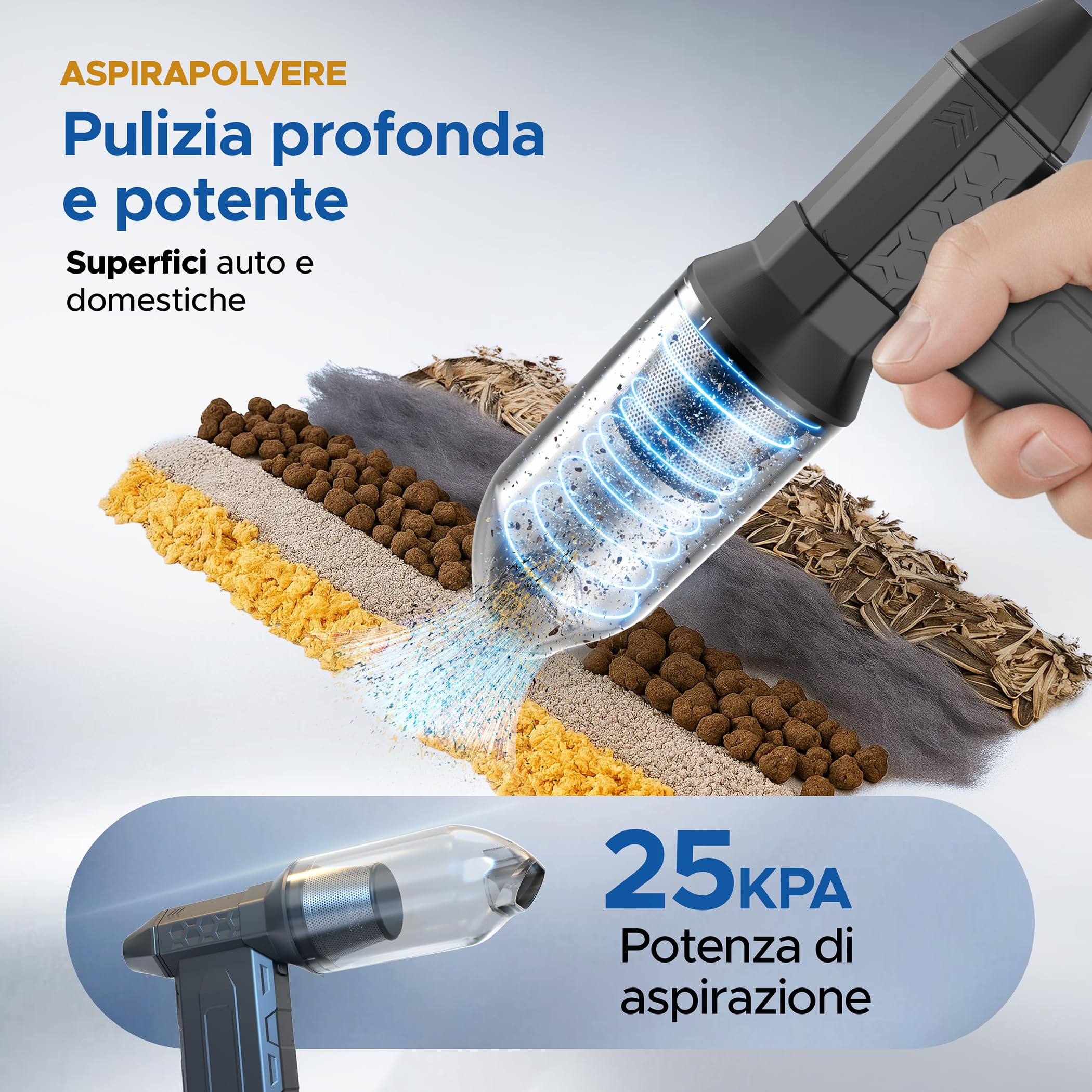 PORTENTUM 3 in 1 Aria compressa elettrico 180 km/h – Aspirapolvere auto 25 kPa – Torcia LED doppia – Set da 25 con 6 ugelli e 13 spazzole – Soffiatore a batteria fino a 115 min
