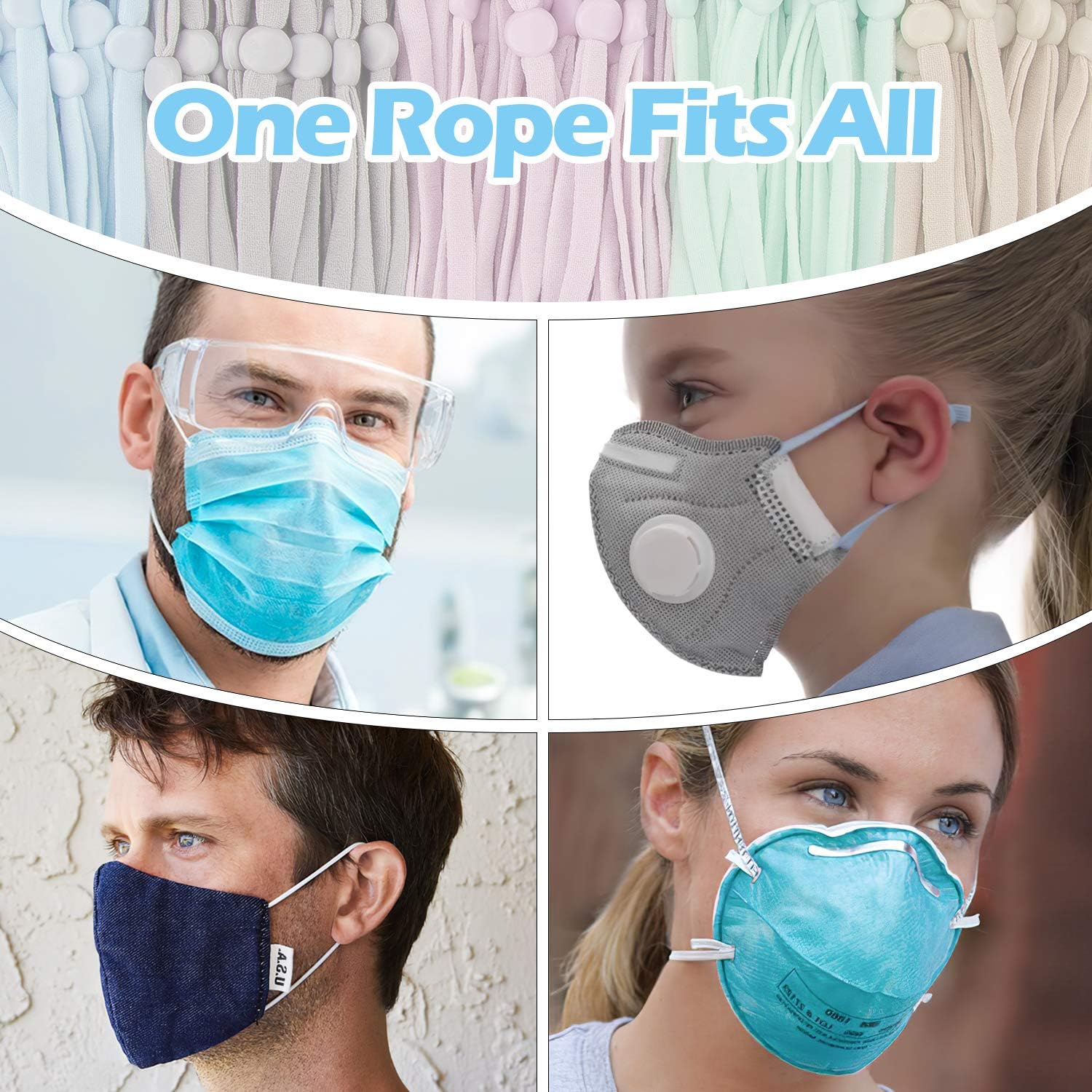 Adjustable Elastic String with Mask Adjuster Buckle for Sewing, Elastic Strips, Band Cord for Masks, Stretchy Earmuff Rope, Adjustable Mask Elastic Strap for DIY Face Masks Sewing - 5 light mix colors