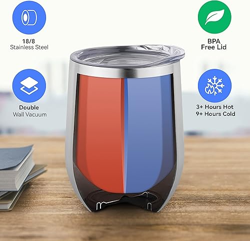 Miniatura 2 de DOMICARE - Juego de 16 vasos de vino de 12onzas con tapa, hechos de acero inoxidable con aislamiento al vacío de doble pared, color acero inoxidable