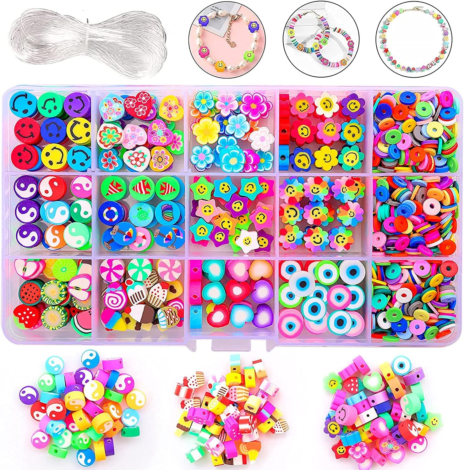Flower Smiley Face Beads Polymer Clay Bead Kit, Smiley Face Beads Set for Kids DIY, Beads Craft Set for DIY, Art and Craft with Rolls of Elastic String Cord, Charms and Rings (1140 Pcs)