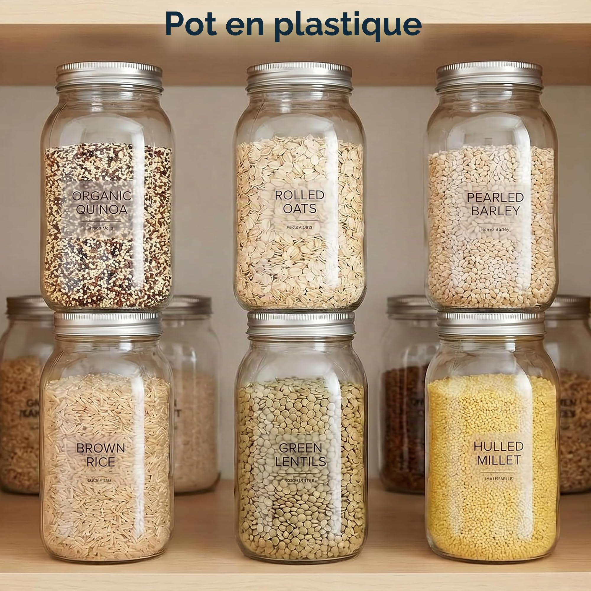 novelinks Lot de 6 bocaux hermétiques en plastique transparent sans BPA pour garde-manger, épices, collations, cuisine et salle de bain, 946,2 g (argent)