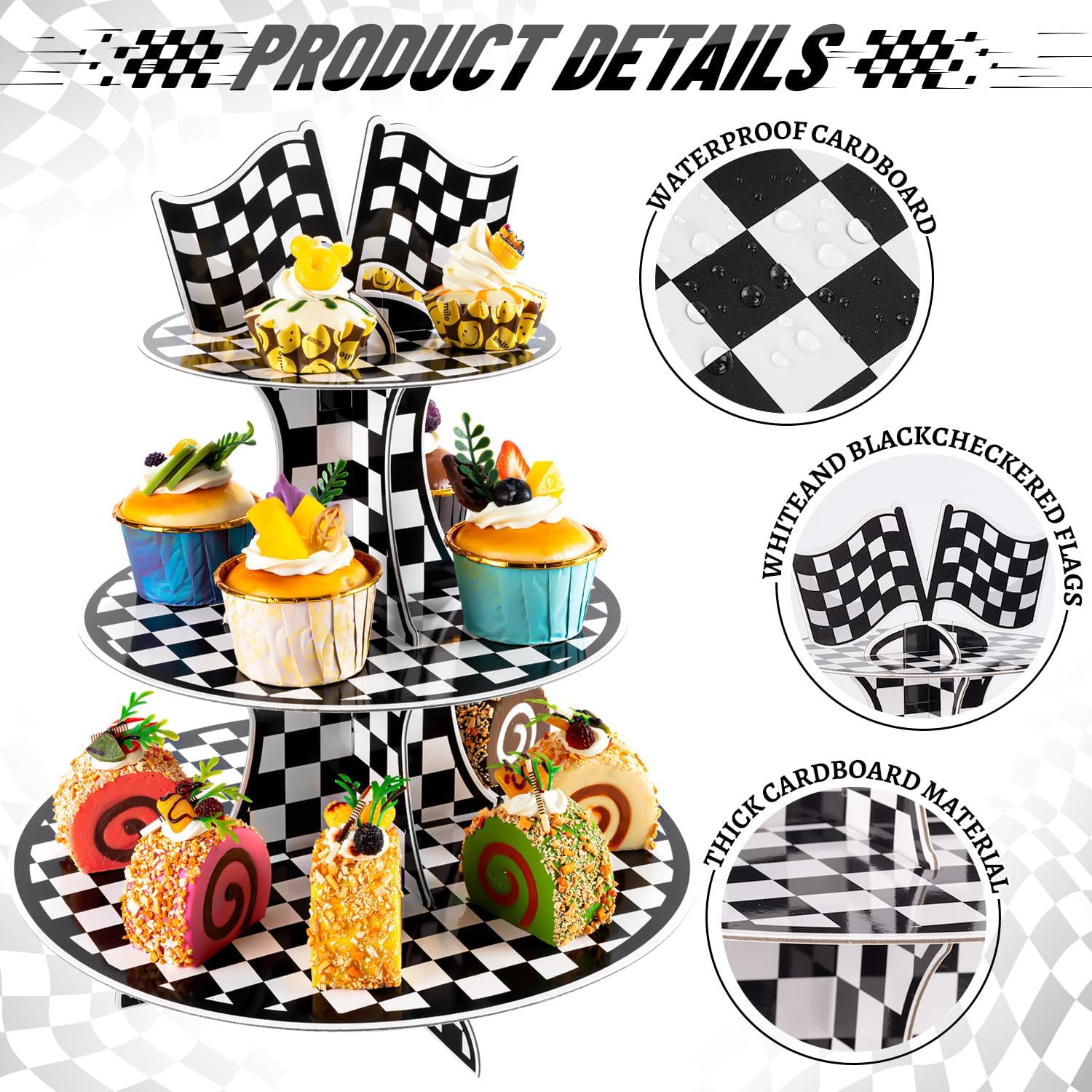 3-Tier Race Car Cupcake Stand Cardboard, 2 Pcs Car Theme Party Round Cardboard Cupcake Stand for 8-12 Cupcakes, for Happy Racing Cars Birthday Party Supplies Black White Checkered Decorations image 4
