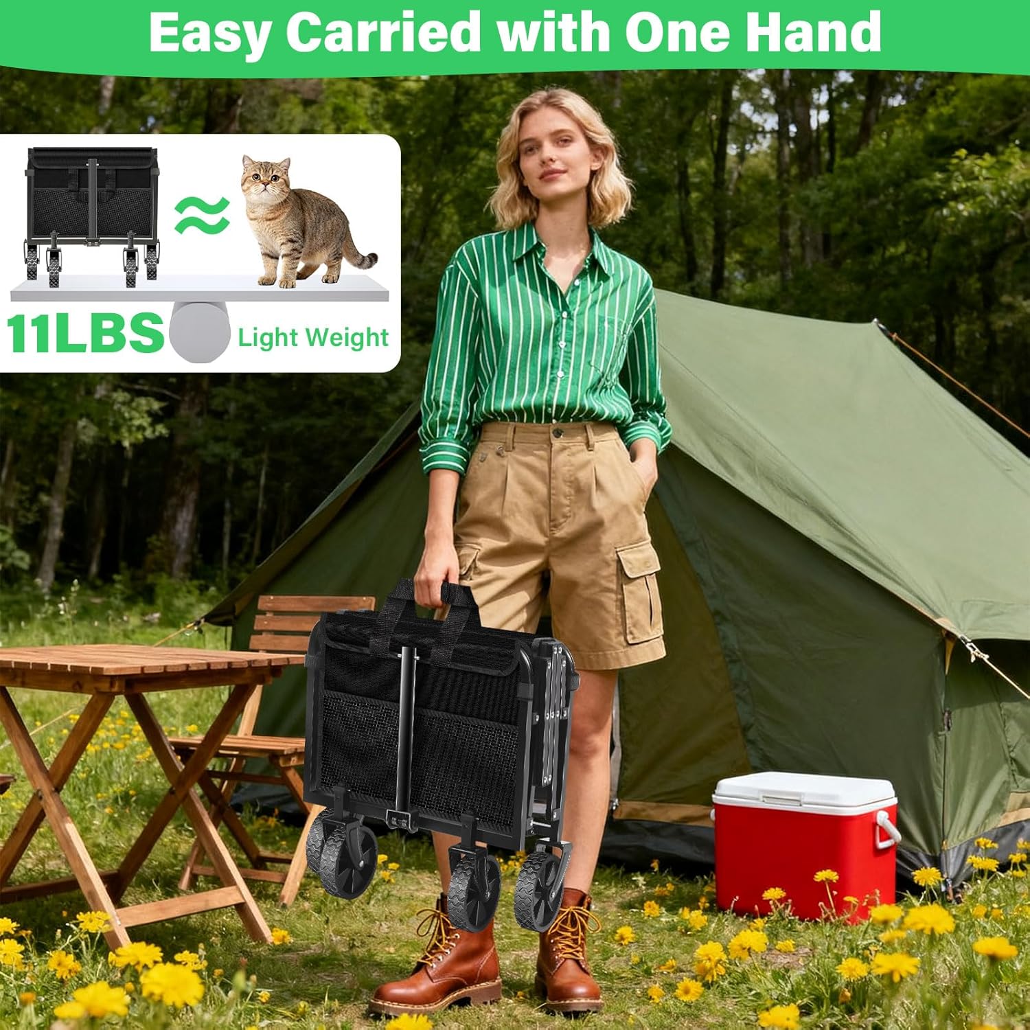 Collapsible Wagons Carts Foldable Wagon,360lbs Folding Wagon Cart with Wheels, Lightweight Foldable Cart with Drink Holders for Camping Picnic Grocery Shopping Garden Travel Sports