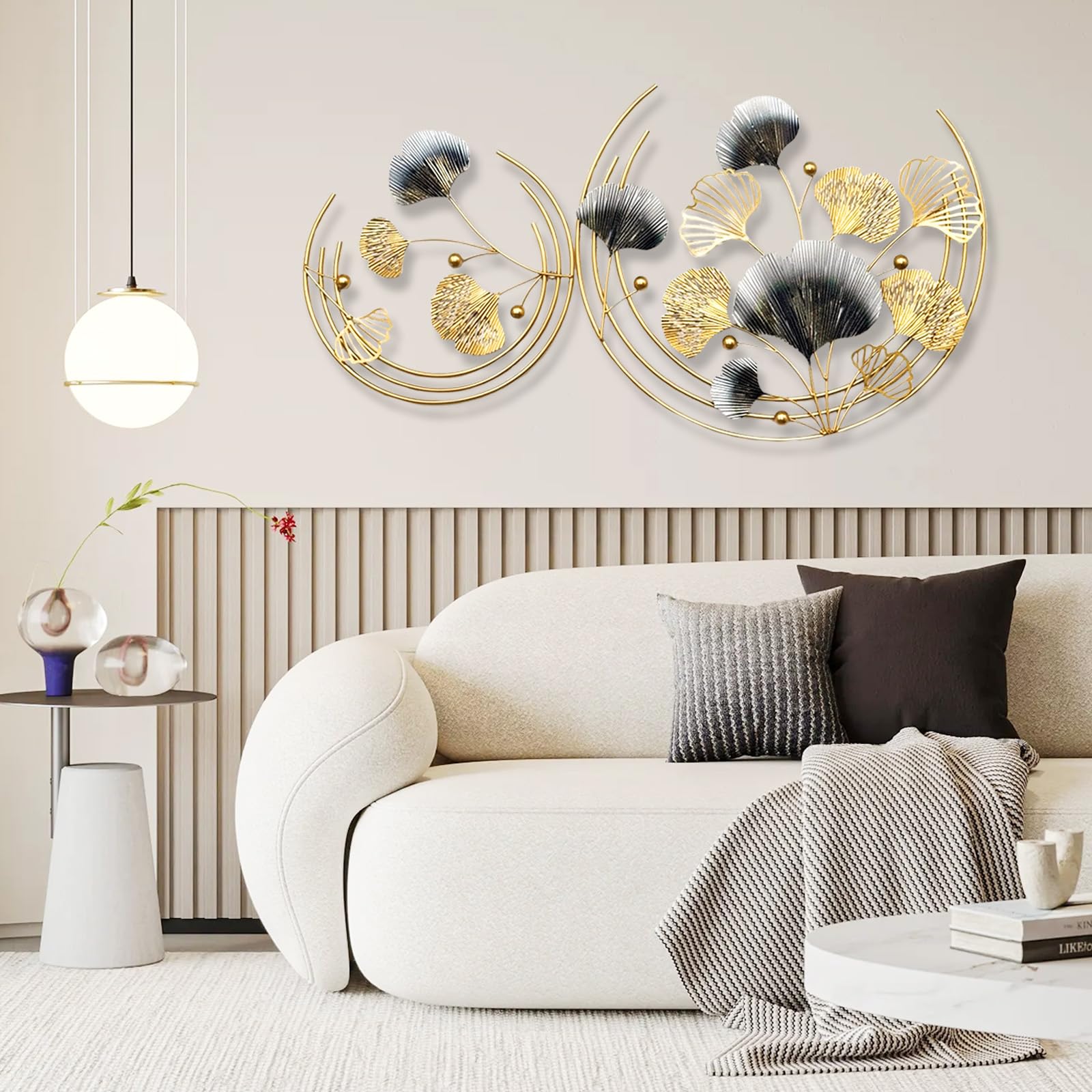 Aisny Décoration Murale Salon, 110 x 60cm, Art Mural Métal Forgé, Feuille Ginkgo, Sculptures Murales, Fond Canapé, Ornements Muraux, Bureau