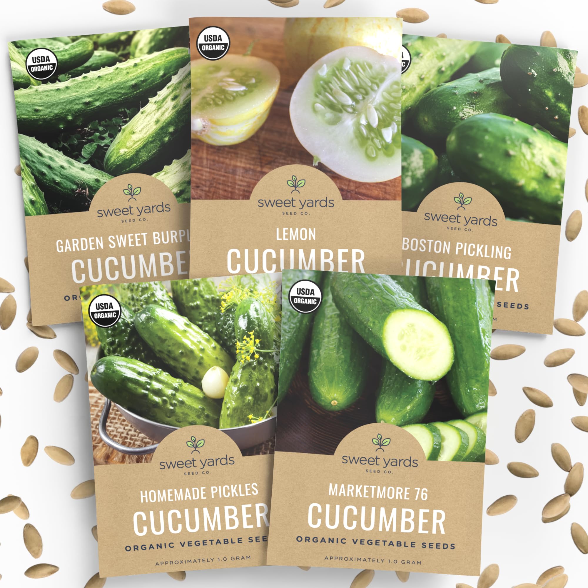 Organic Cucumber Seeds Variety Pack - 5 Individual Packs - 2026 Season - Marketmore 76, Sweet Burpless, Boston Pickling and More! for Indoor & Outdoor Planting (Non-GMO, Certified Organic)