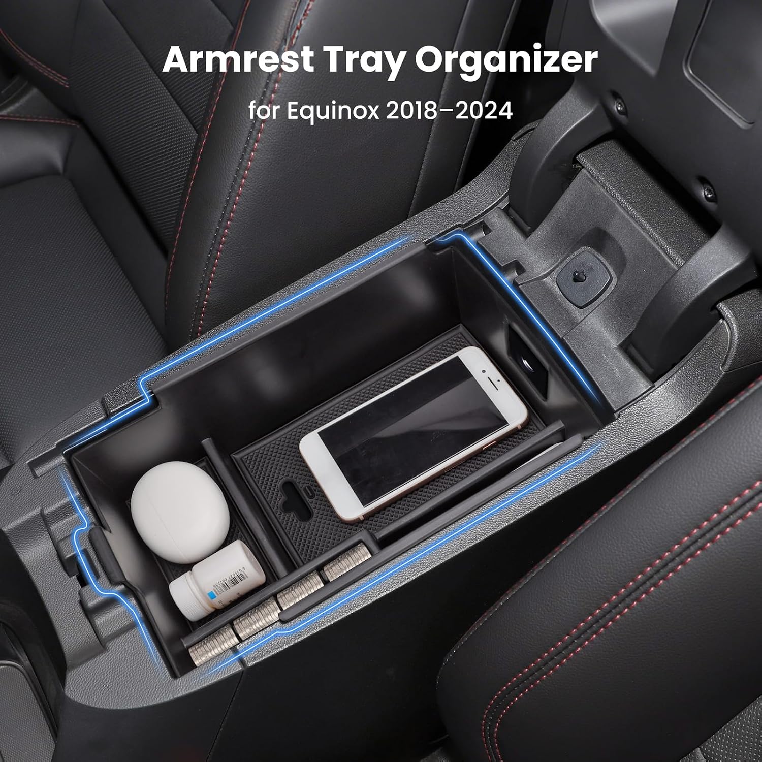 Center Console Organizer Armrest Tray Insert for Chevy Equinox 2018-2024, Accessories for 2018-2024 Equinox Center Console Tray Storage Box, ABS Plastic, Black