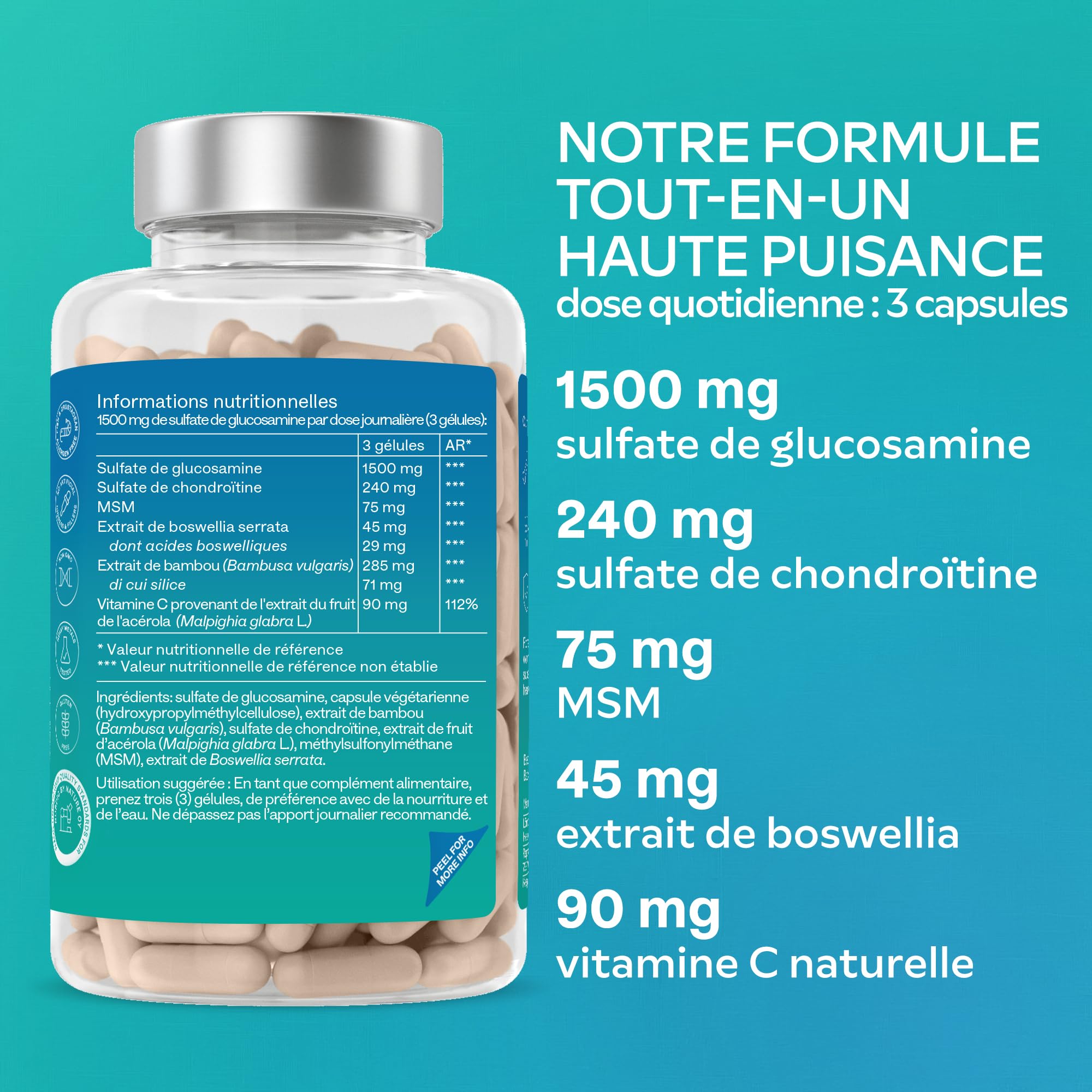 Glucosamine Chondroïtine MSM Vitamin C Acerola Boswellia Serrata - Glucosamine 1500mg Complément Alimentaire pour les Os, Cartilages et le Système Immunitaire - Glucosamine Chondroitin MSM Gelules 180