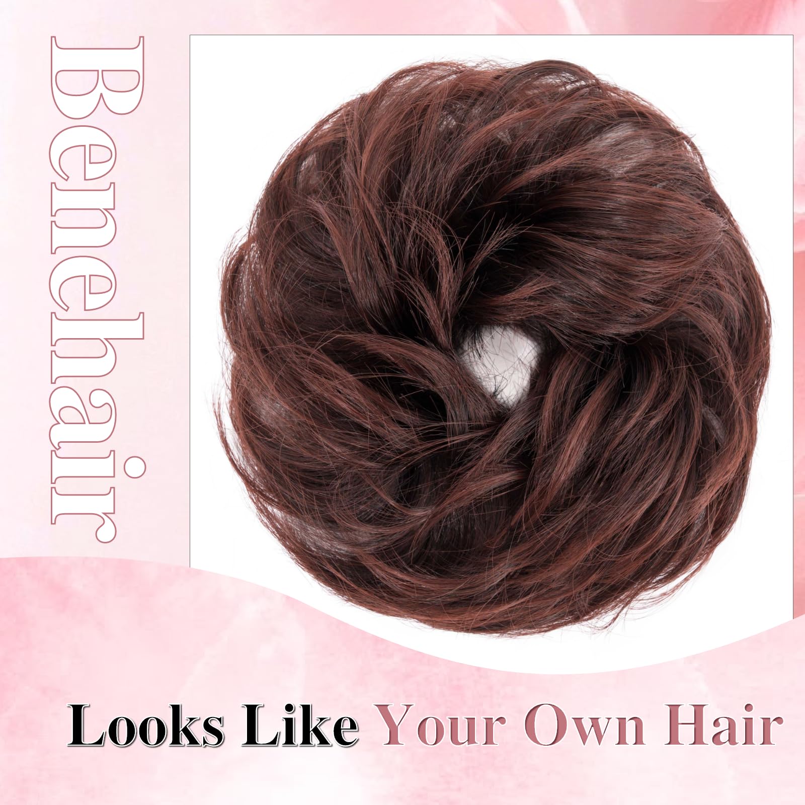 Benehair Messy Bun Hair Piece Curly Wavy Hair Scrunchies Messy Bun Scrunchie Synthetic Donut Updo Hair Pieces for Women Girls (Dark Auburn with Highlight - Image 3