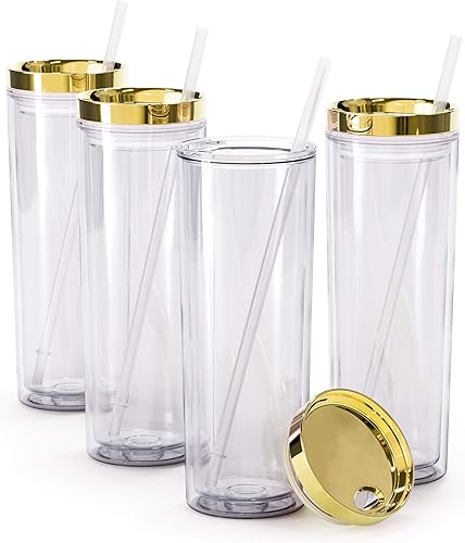 Maars - Vaso térmico de acrílico delgado con tapa y pajilla reutilizable de plástico doble pared y calidad suprema 18 onzas transparente paquete de 4