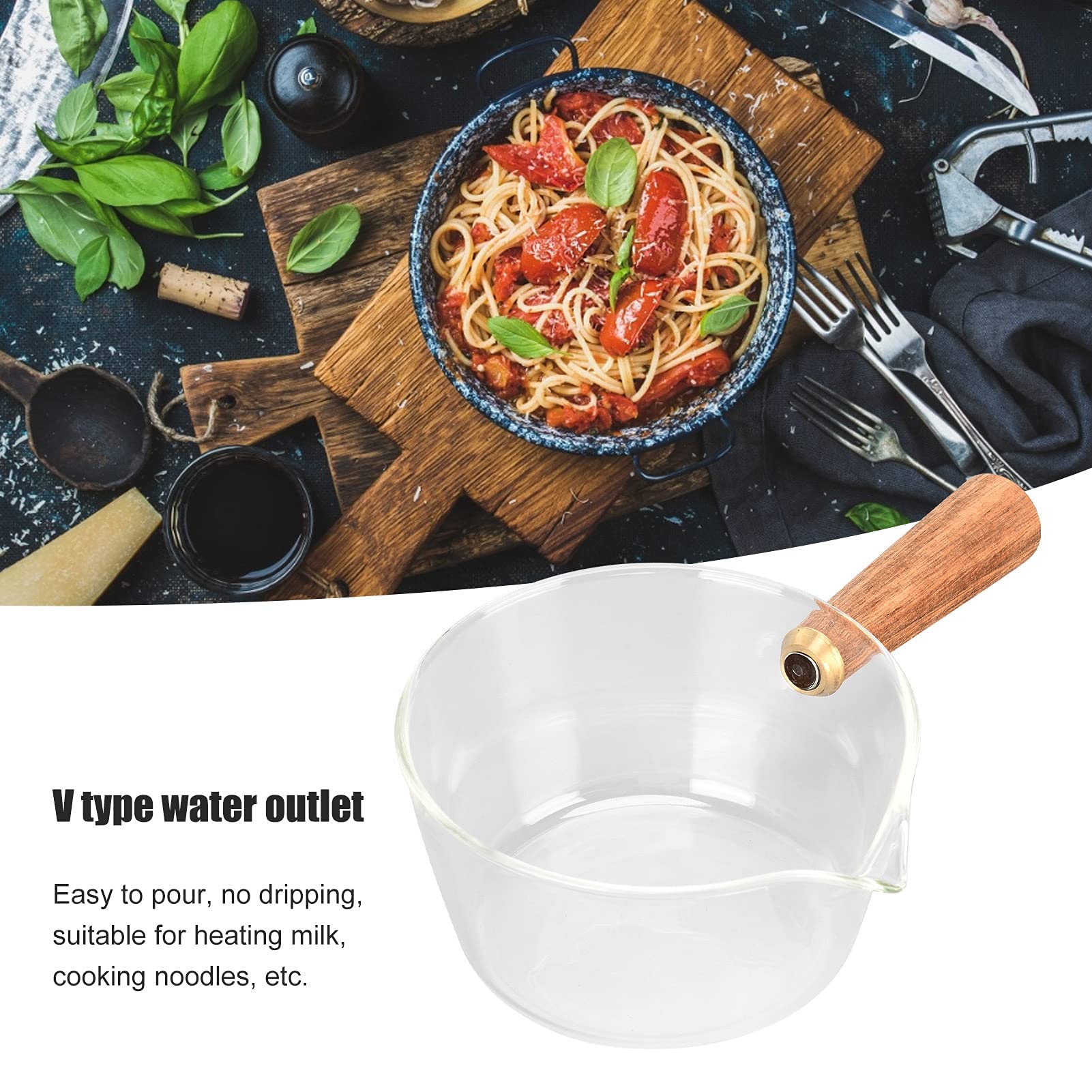 Ejoyous Pentola, lattiera in vetro con manico in legno, casseruola, casseruola, pastaiola con beccuccio a V, salsiera per latte, zuppa, pasta, uova, riso (400 ml)