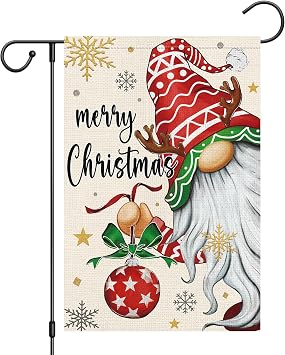 Heyfibro Merry Christmas Gnome Garden Flag 12x18 Double Sided Burlap, Christmas Ball Snowflake Garden Yard Flags for Winter Holiday Xmas Yard Outdoor DecorationONLY FLAG