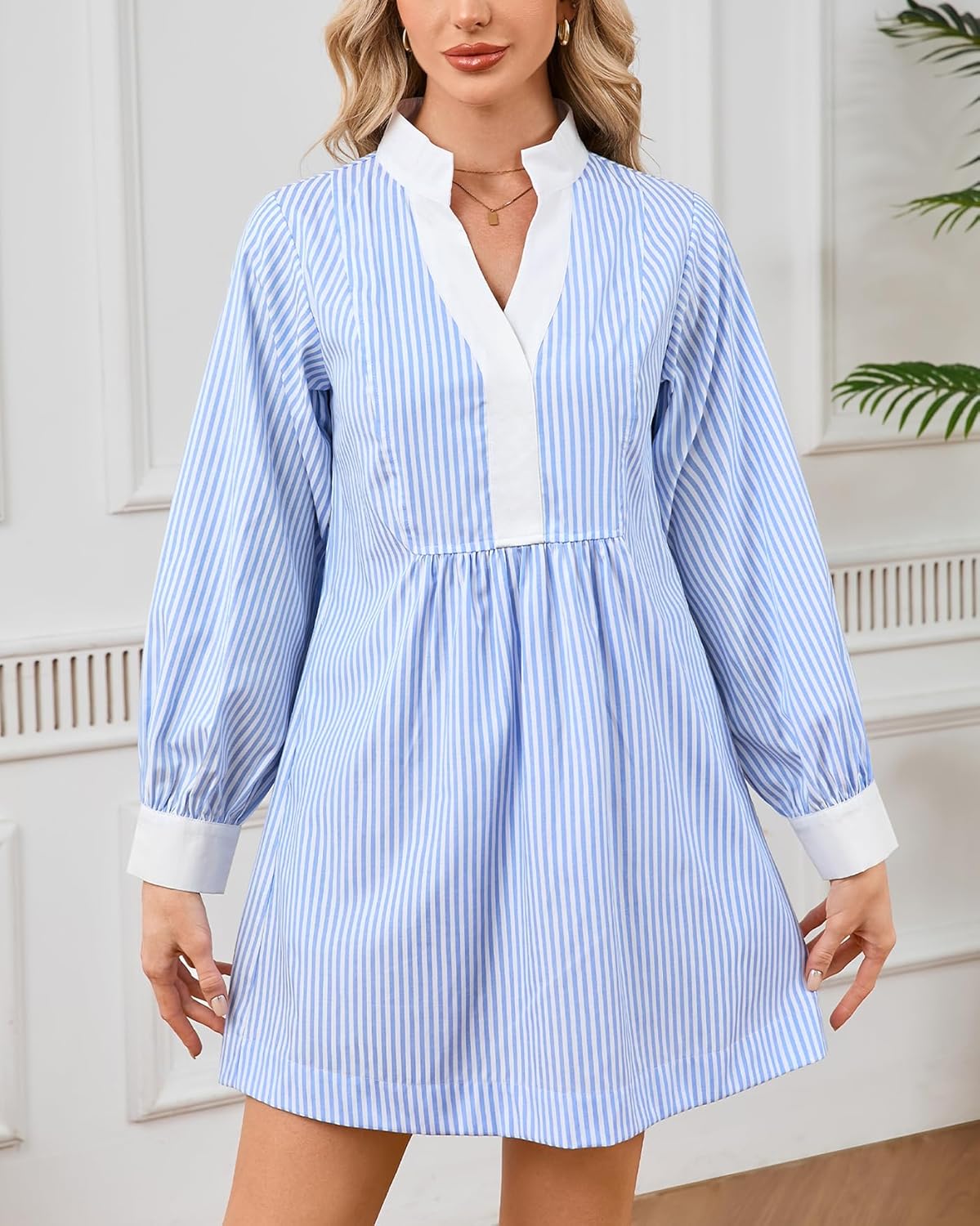 Womens Long Sleeve Babydoll Dress Cotton Striped V Neck Mini Shift Dress Casual Loose Shirt Dresses with Pockets - Image 5