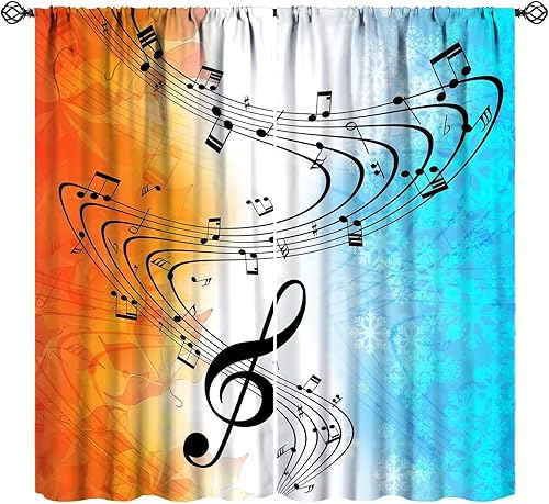 Miniatura 20 de Cortinas de música retro, notas musicales abstractas en blanco y negro, con bolsillo para barra, cortinas opacas para ventana para sala de estar,