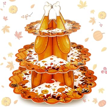 Thanksgiving Cupcake Stand Fall 3 Tier Dessert Cupcake Stand Pumpkin Turkey Cardboard Cake Holder Autumn Turkey Dessert Holder Tower for Thanksgiving Birthday Tea Party Table Display