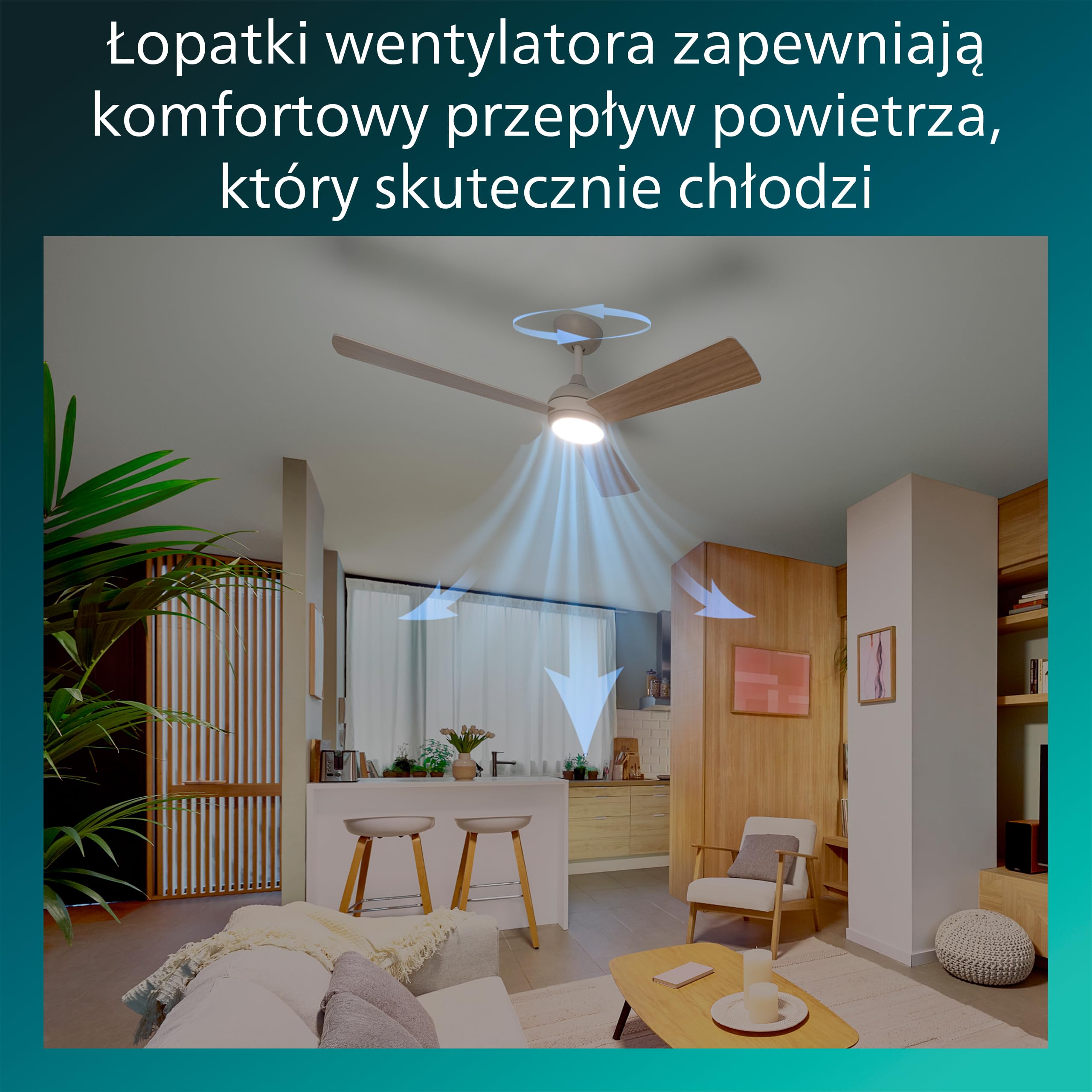 Wentylator Sufitowy Philips Civx LED, 3 Łopatki, Średnica 132 cm, 2500 Lumenów, Trzy Odcienie Białego Światła (3000 K / 4500 K / 6500 K), Ściemnianie do 10%, Pilot, Biały/Jasne Drewno