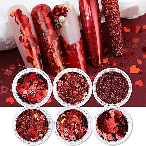 Miniatura 7 de 6 cajas de lentejuelas con purpurina de corazón para el día de San Valentín, polvo rojo con purpurina para uñas, calcomanías de arte de uñas, uñas