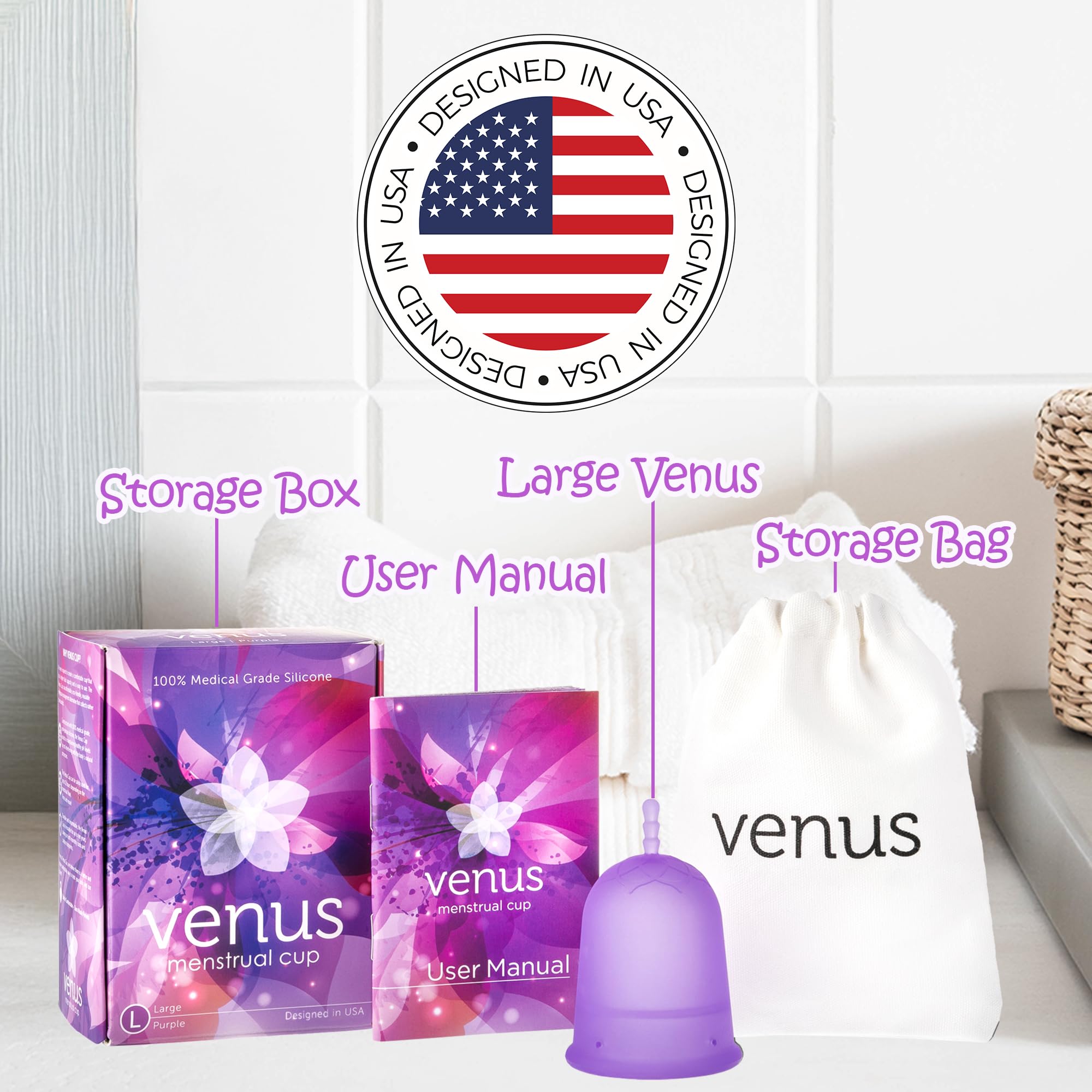 Venus Copa menstrual grande – Mayor capacidad (+30%) – Diseño único en forma de U para días de flujo más pesado – Obtén 12 horas de protección sin fugas – Copa de período reutilizable 100% silicona de