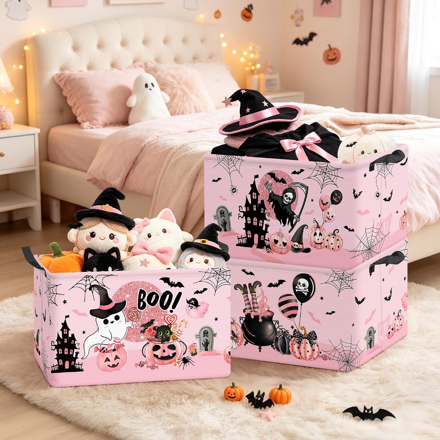 Clastyle 3 Pcs Halloween Spooky Gift Basket Pink Ghost Boo Storage Bin