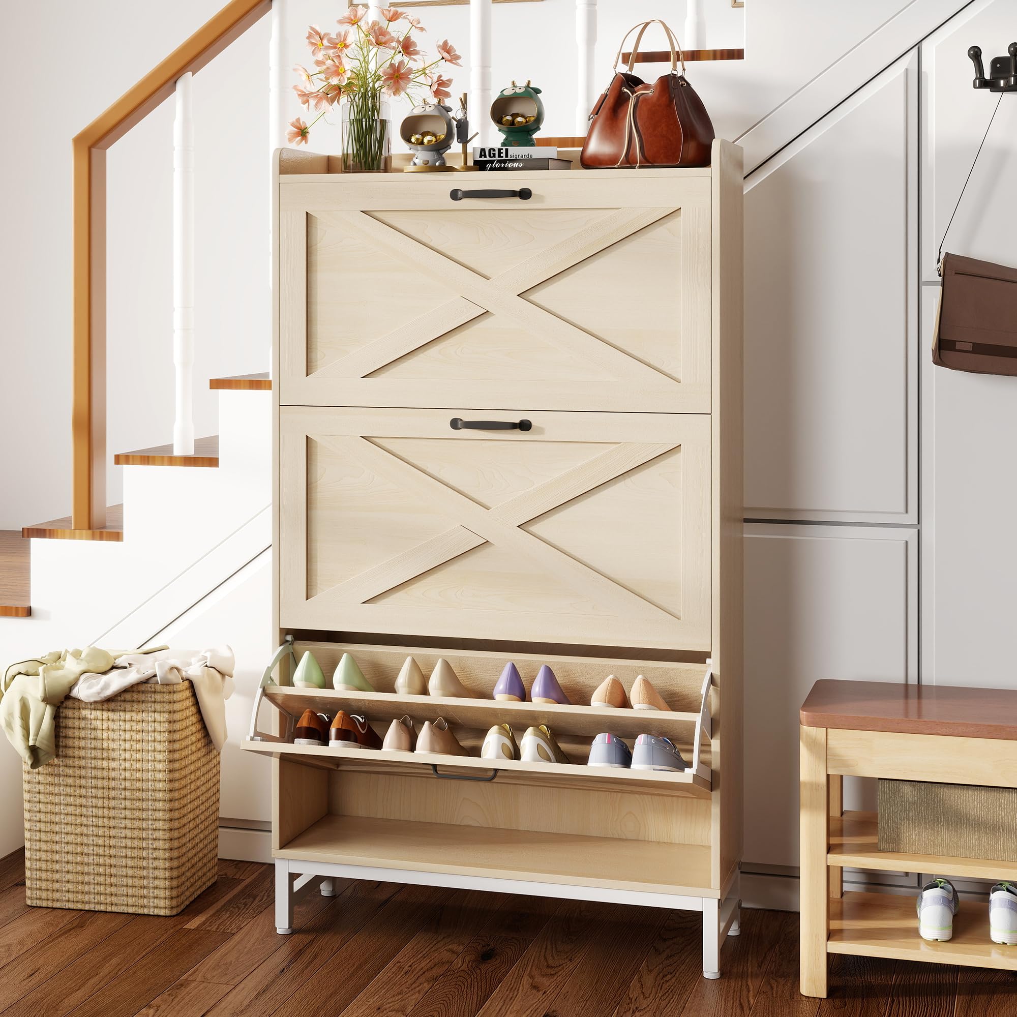 Hawthyhome Tall Shoe Cabinet with 3 Flip Drawers, Slim Hallway Shoe Storage for 12-24 Pairs, Modern Shoe Cupboard with Adjustable Shelves, Metal Handles Legs, 80x24x138cm, Natural Wood Grain