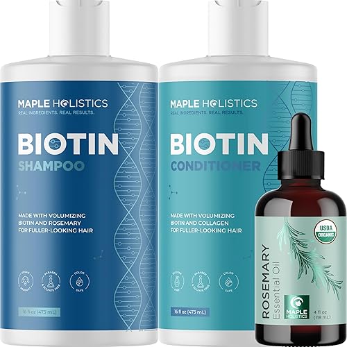 Maple Holistics Paquete voluminizador para el cabello: champú de biotina de gran tamaño, acondicionador y aceite esencial de romero puro