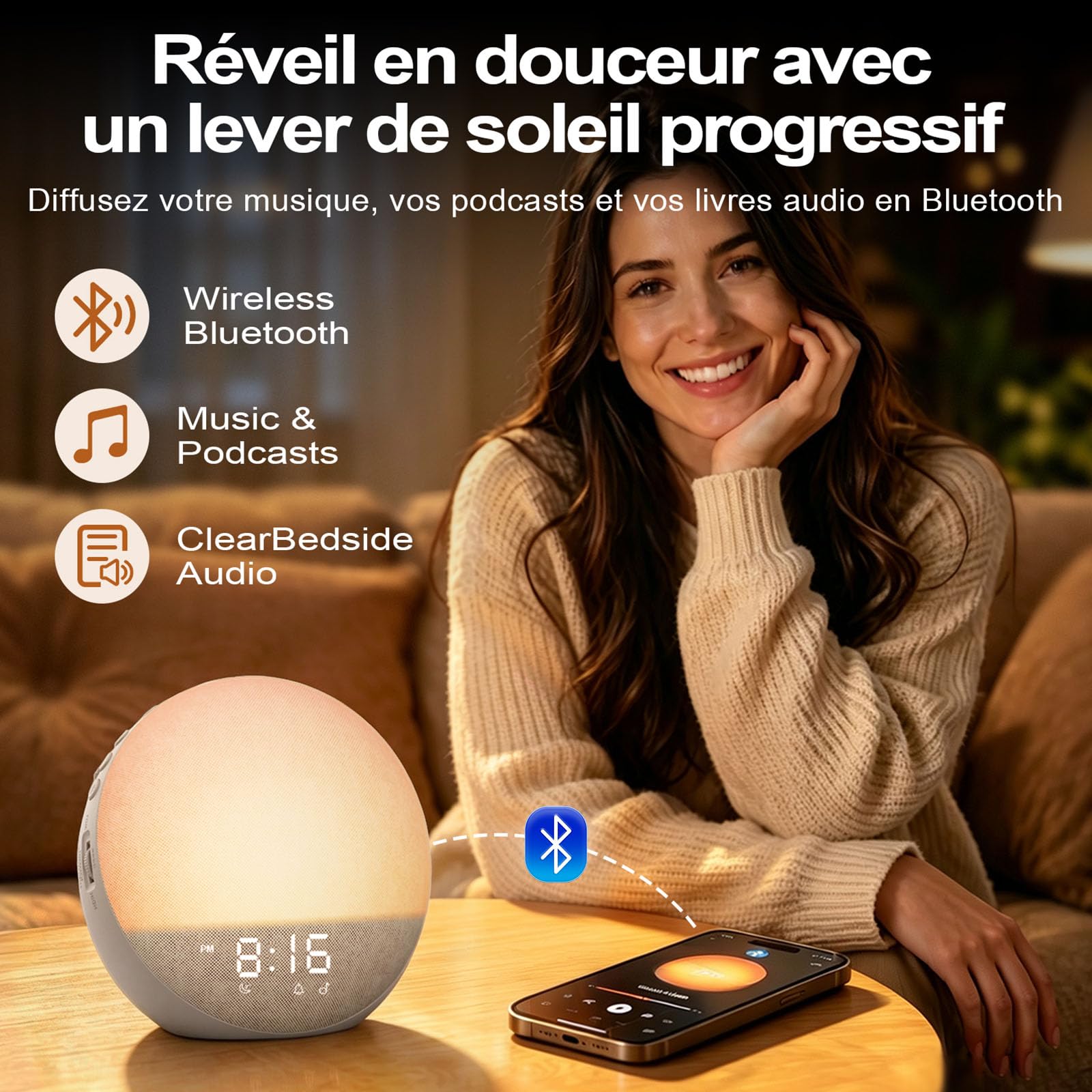 Réveil Simulateur d’Aube Bluetooth, Réveil Lumineux, Beige | 3 modes de réveil, 7 alarmes, haut-parleur 5 W, veilleuse RGB 12 couleurs et écran réglable 0–100 %, sans application