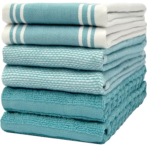 Premium Kitchen Towels (20”x 28”, 6 Pack) | Large Cotton Dish Towels | Flat & Terry Highly Absorbent Kitchen Linen Set with Hanging Loop | Wide Stripe Aqua