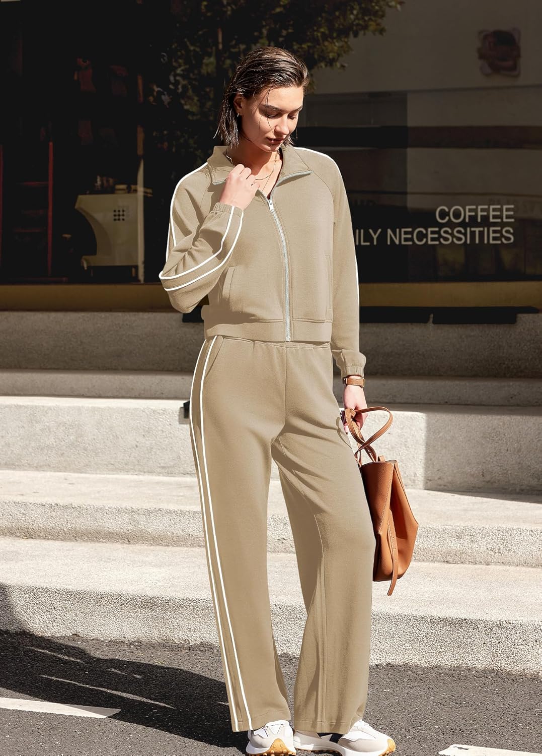 Nirovien Womens Sweat Set Track Suits 2 Piece Outfits Matching Lounge Set Piping Zip Up Sweatshirt Wide Leg Pants