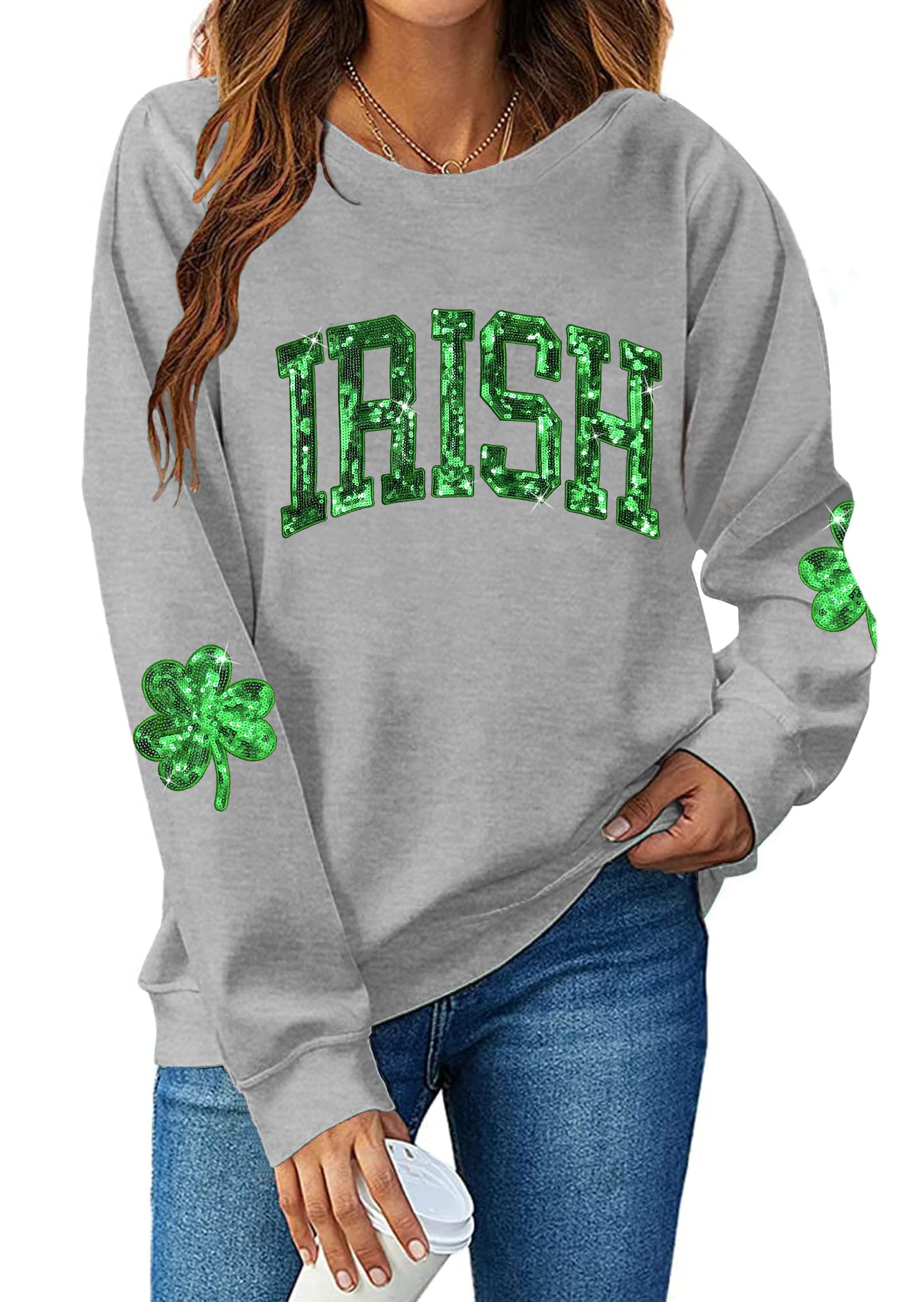 aiiweis St. Patrick's Day Sweatshirt for Women Lucky Shamrock Long Sleeve Shirt Ireland Clover Print Pullover Tops-picture-39