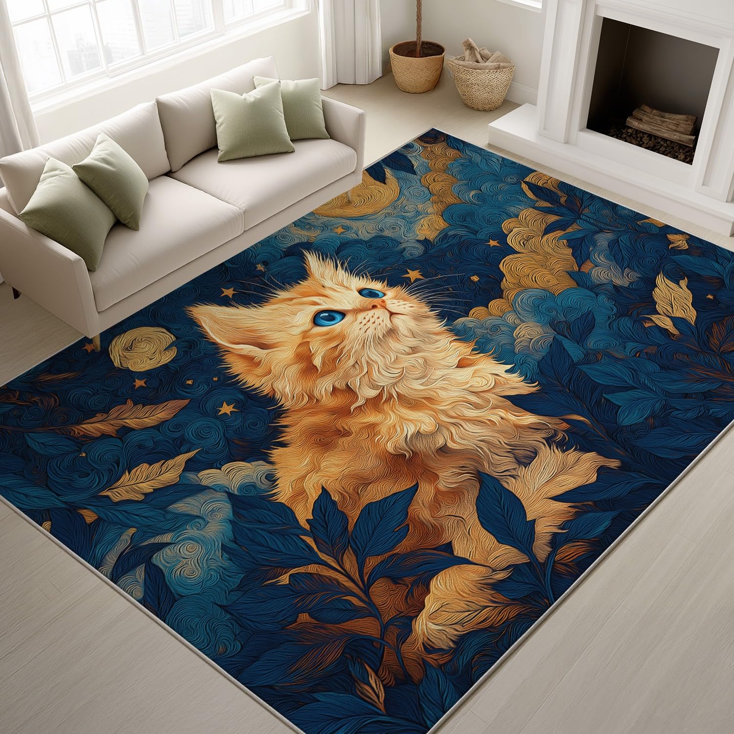Generico Niebieski Złoty Antypoślizgowy Dywan Zmywalny 160 x 230 cm Wzór Kreskówka Gwiaździste Niebo Kot Dywany, Salon Sypialnia Krótkie Futro - Do Salonu Pokoju Domowego Dywany