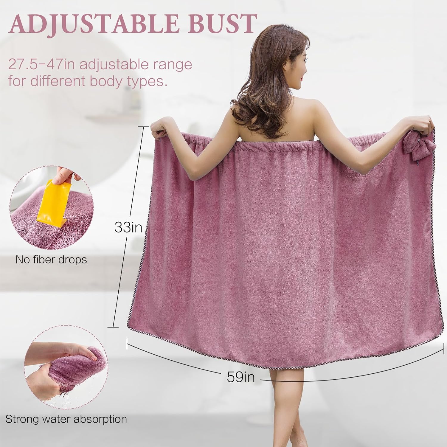 Women Microfiber Bath Towel Wrap - Adjustable Soft Body Wraps Dress with Hair Towel for Shower After Body and Head Cover, Super Absorbent to Quick Drying Hair and Body, Purple - Image 2