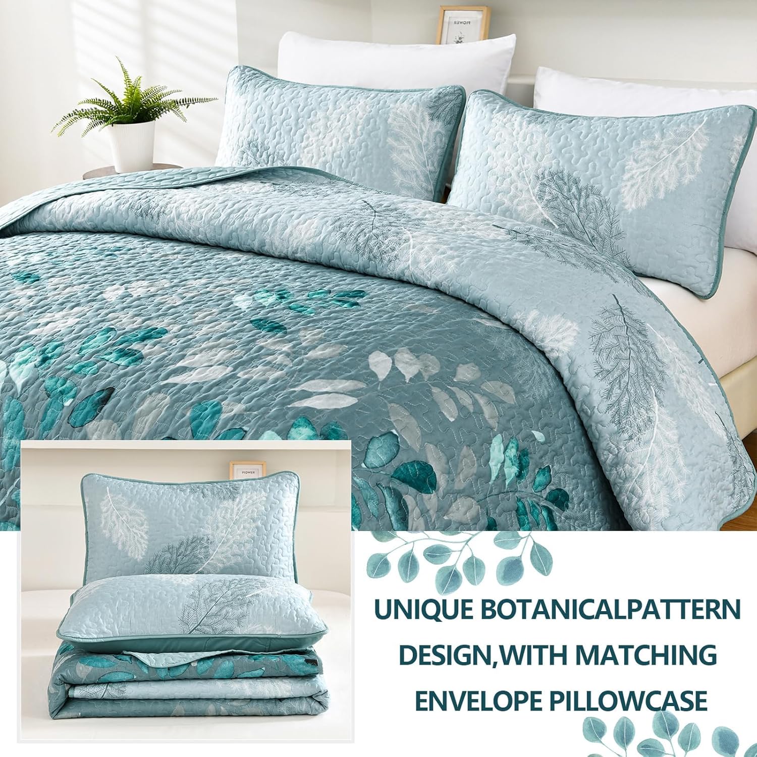 WONGS BEDDING Floral Quilt Set Queen Size, 3 Pieces Aqua Botancal Leaves Bedspread Coverlet Set with 2 Pillowcases for All Season, Soft Microfiber Floral Bedding Set 96"×90" - Image 4