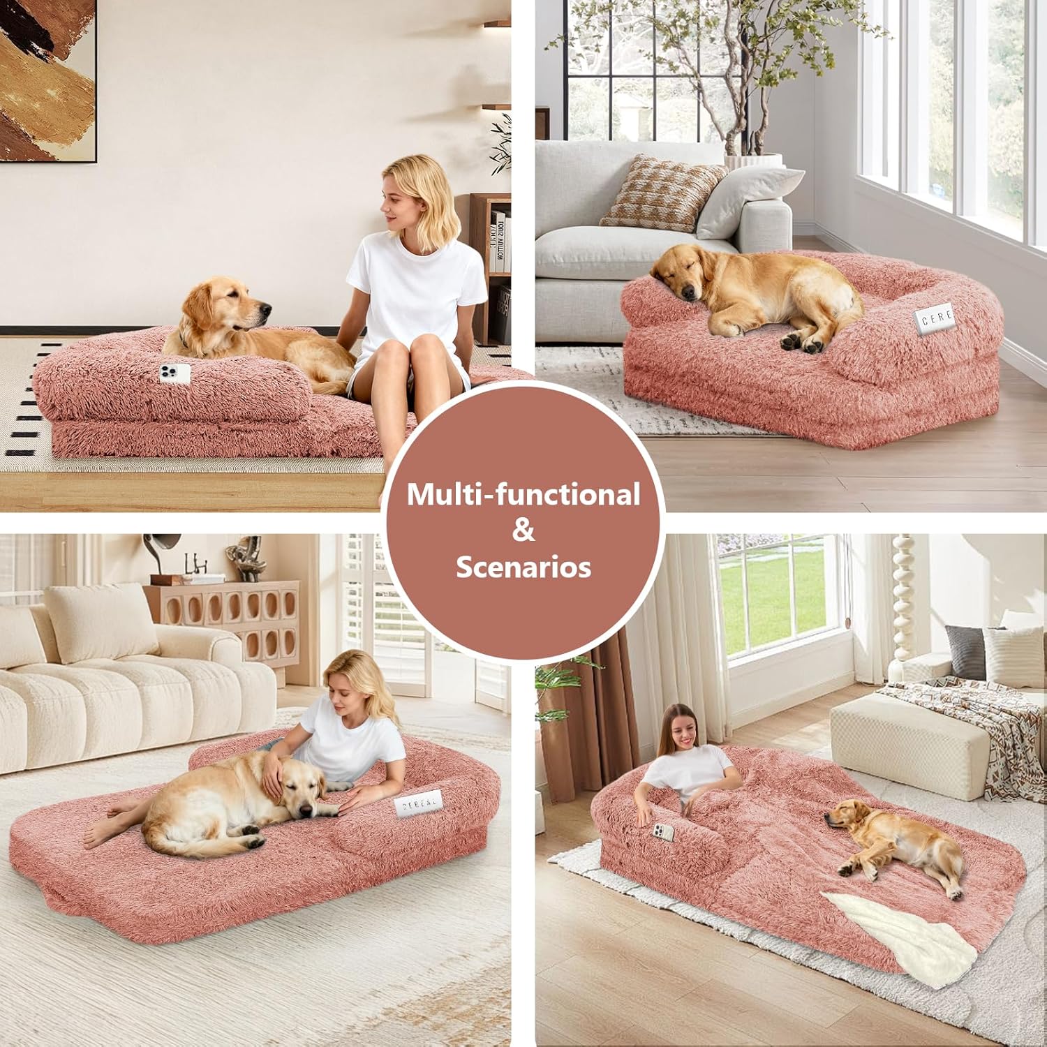 ROOMTEC Foldable Human Dog Bed,71"x 38"x 9" Orthopedic Memory Foam Giant Bed Fits Adult and Pet Waterproof Washable 10 CM Thick 2 in 1 Flexible Oversize Pet Couch Sofa with Blanket,Pocket- Pink
