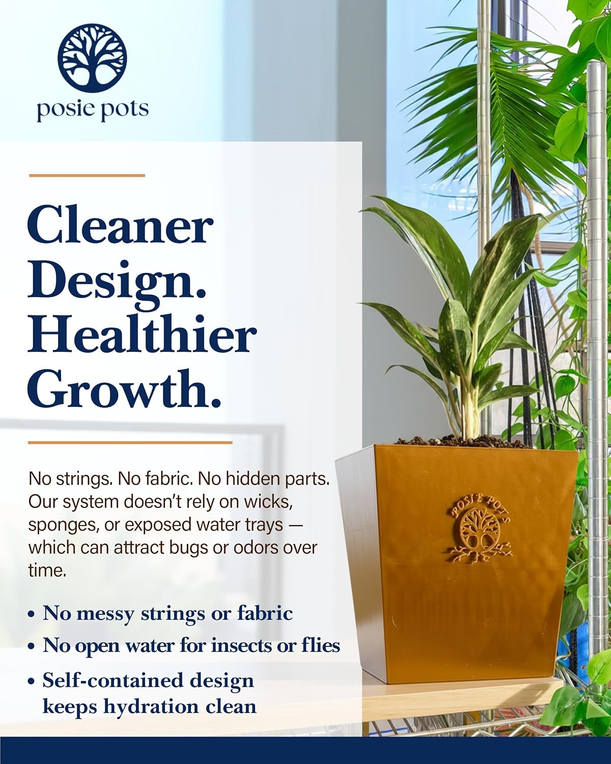 Posie Pot Medium Twisted Square - Self Watering Planter 5x5 Inch - Indoor Plant Pot with 30 Day Reservoir - 3D Printed Bioplastic - No Guilt Plant Care - Made in USA, Gold