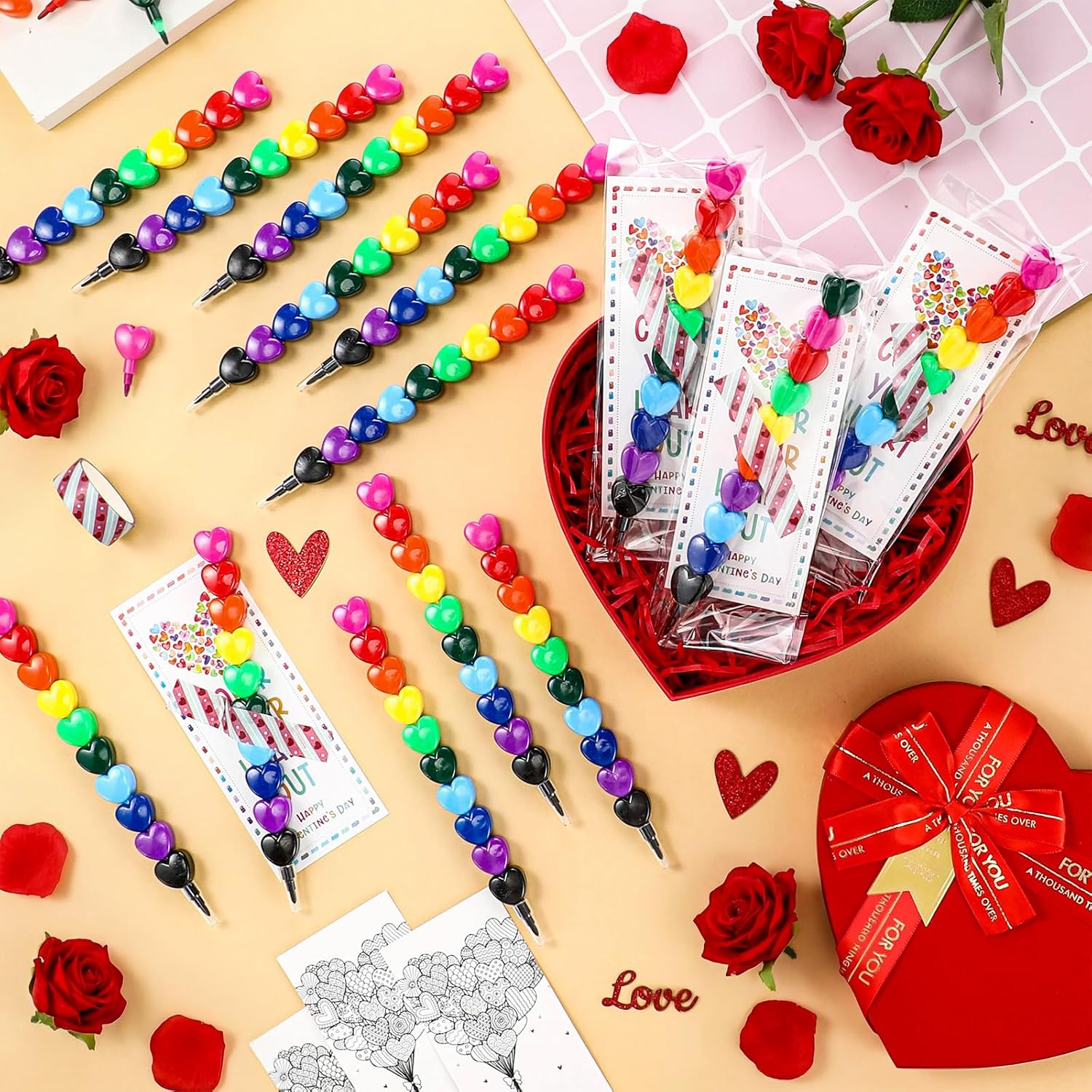 60 Sets Valentine's Day Gift for Stacking Crayons Stackable Buildable Colorful Crayon with Card Sticker School Classroom Rewards Party Supplies Gift for Student from Teachers